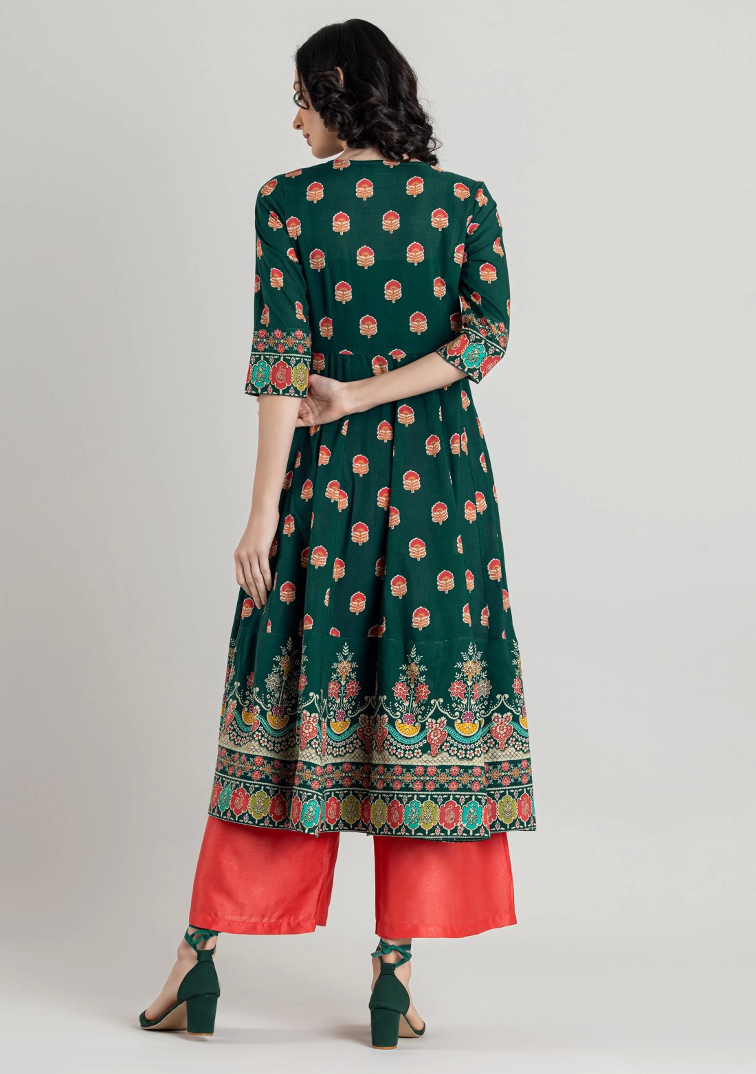 Emerald Green Ethnic Print Cotton Anarkali Kurti