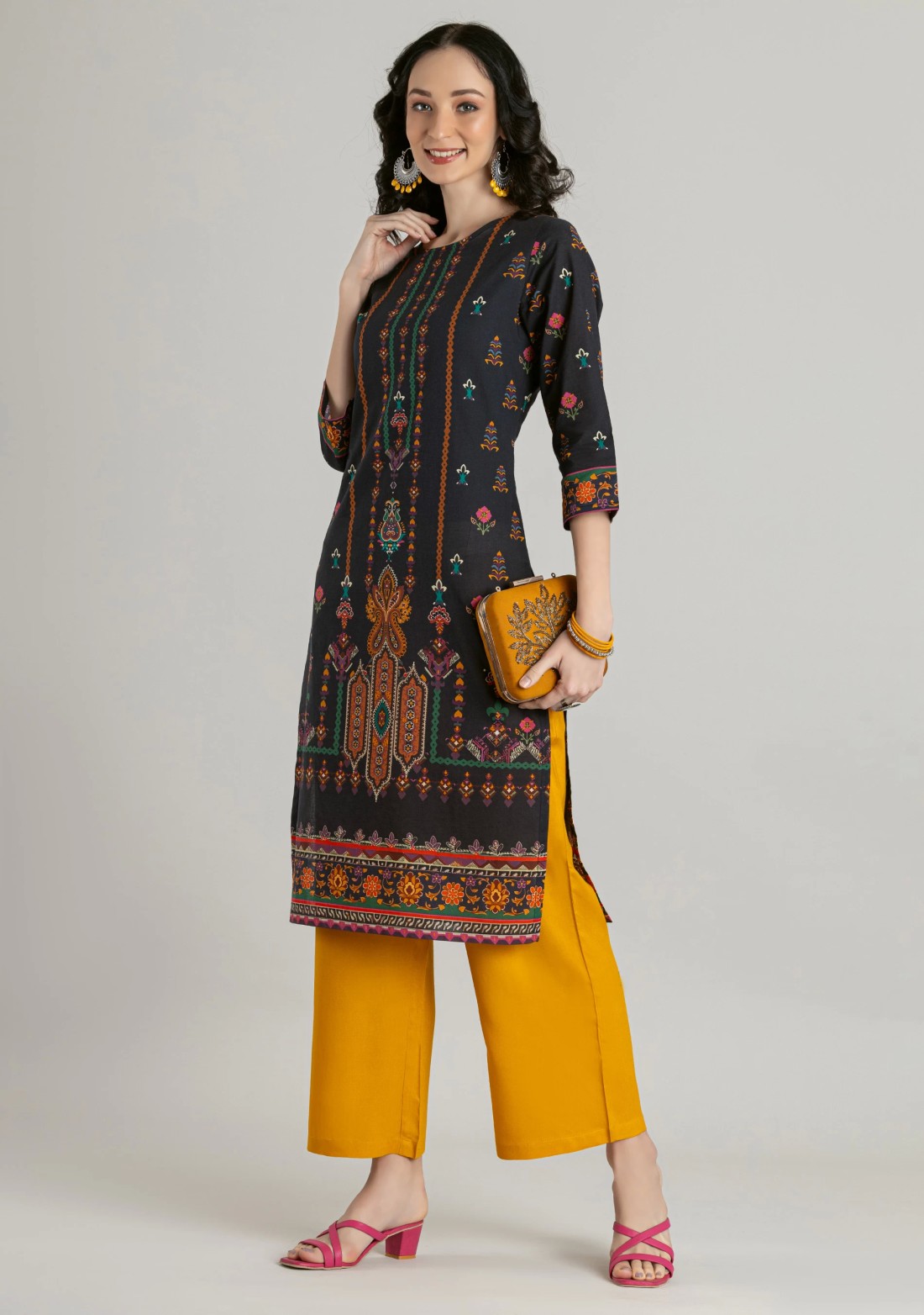 Black Ethnic Print Cotton Straight Kurta