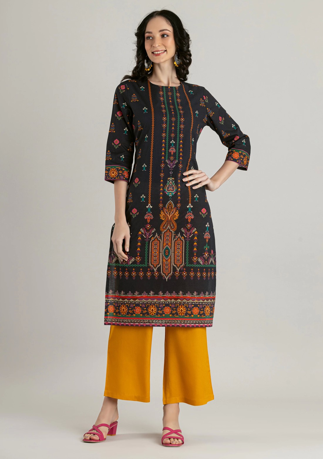 Black Ethnic Print Cotton Straight Kurta