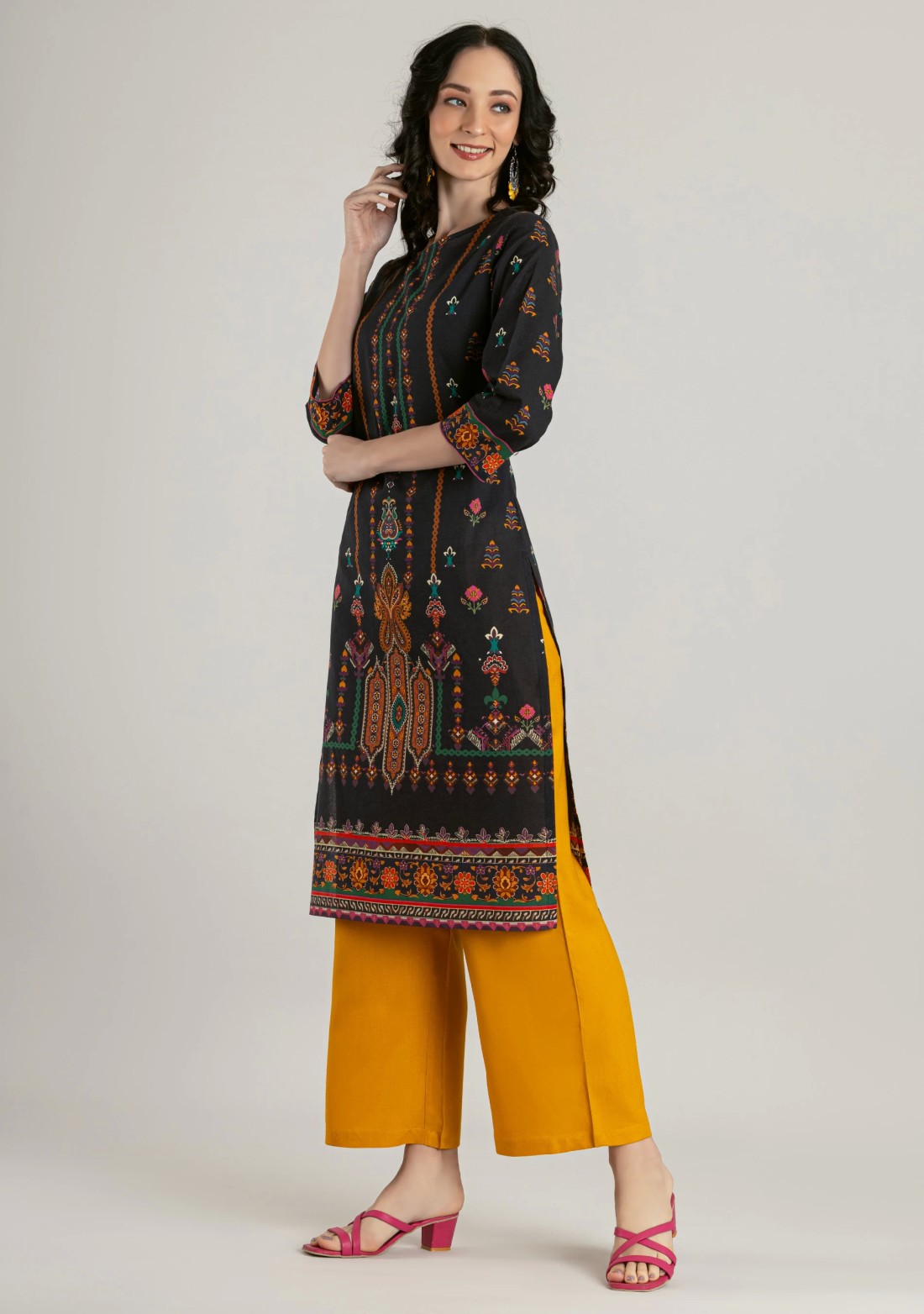 Black Ethnic Print Cotton Straight Kurta