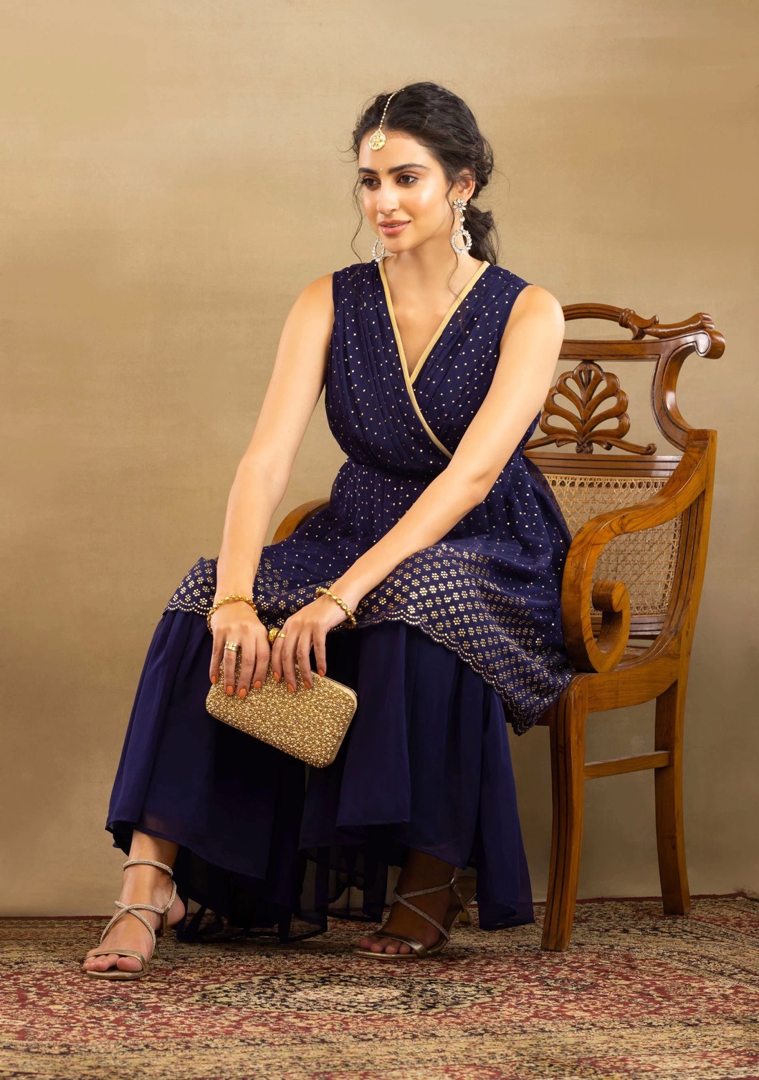 Navy Blue Mukaish Work Georgette Peplum Kurta Sharara Set