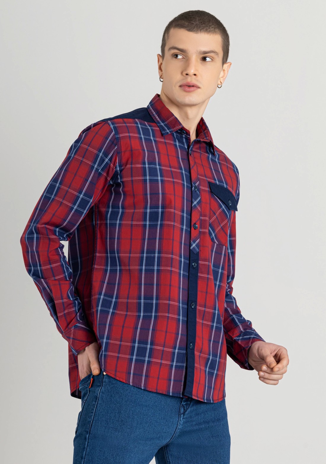 Red Regular Fit Men's Cotton Check Shirt