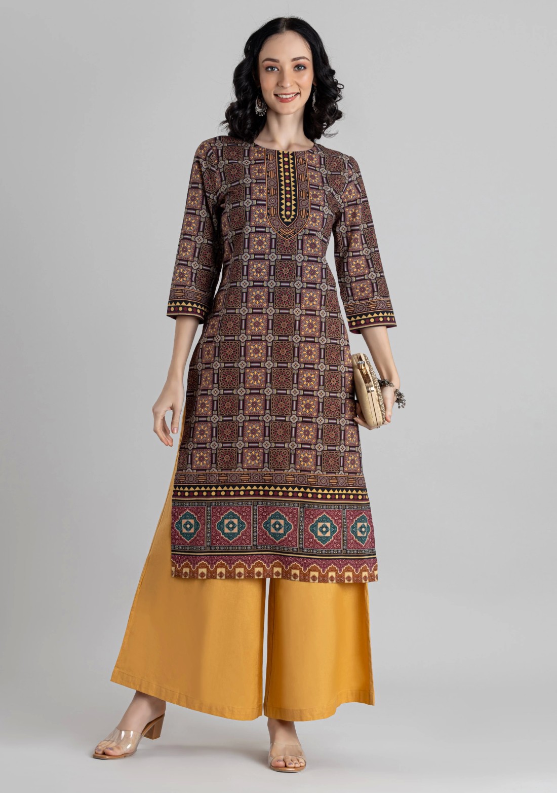 Brown Geometric Ethnic Print Cotton Straight Kurta