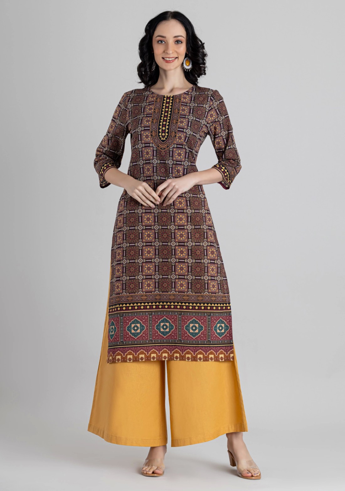 Brown Geometric Ethnic Print Cotton Straight Kurta