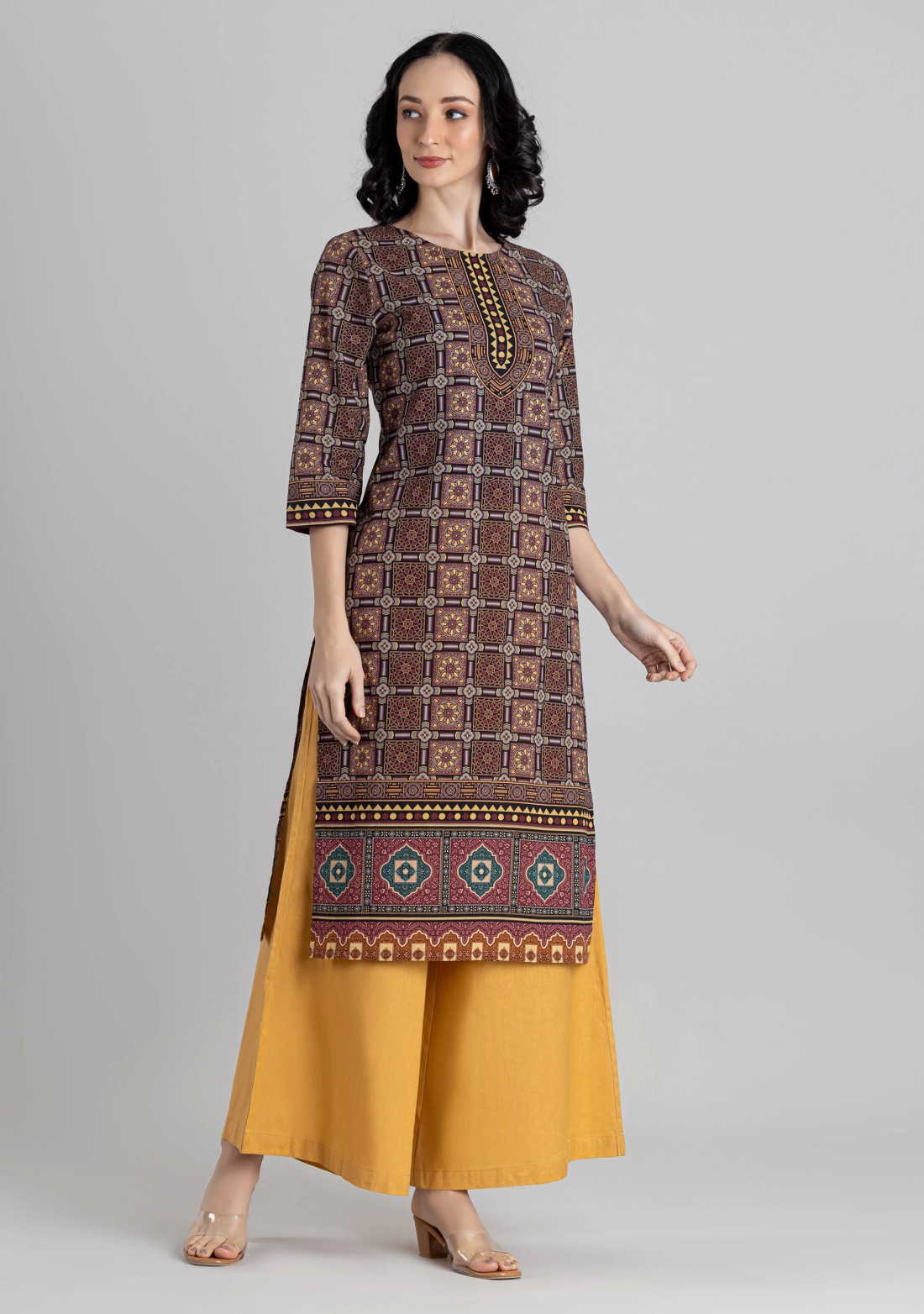 Brown Geometric Ethnic Print Cotton Straight Kurta