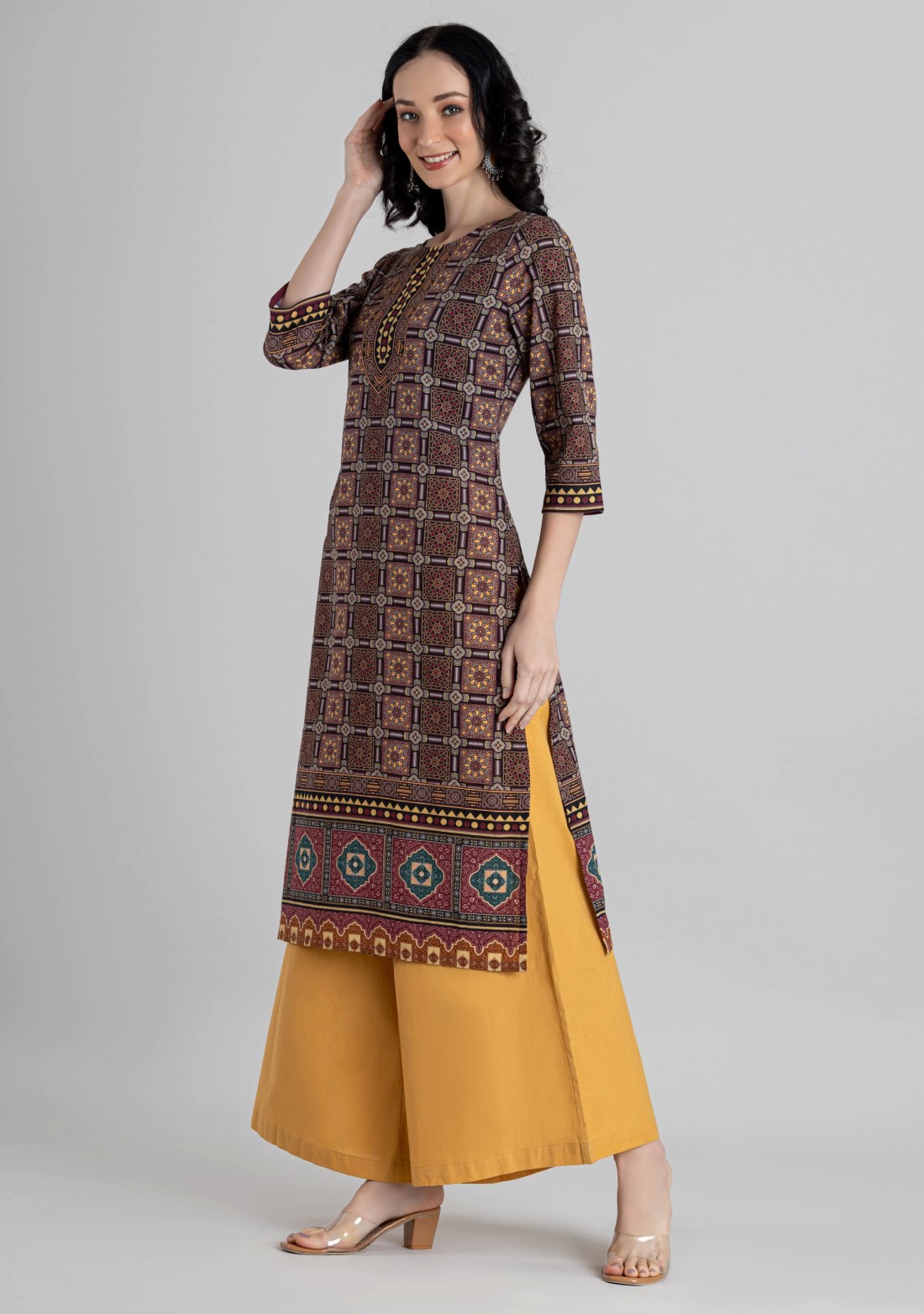 Brown Geometric Ethnic Print Cotton Straight Kurta