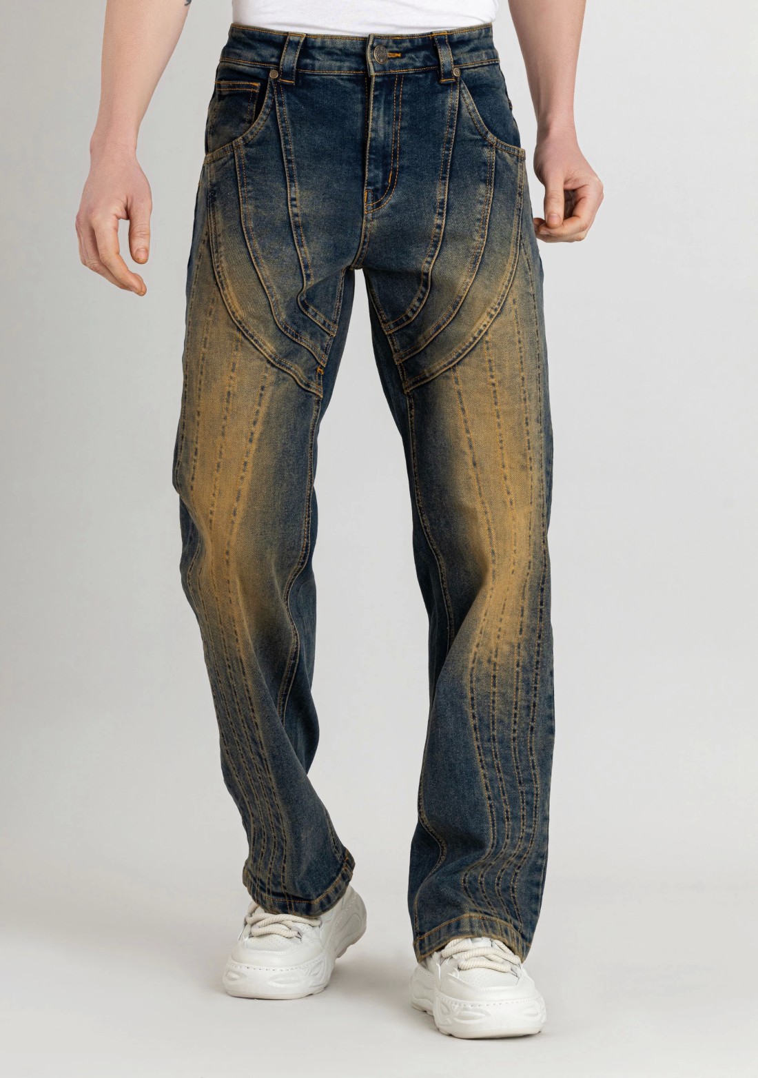 Blue  Wide Leg Cut And Sew  Men's Jeans