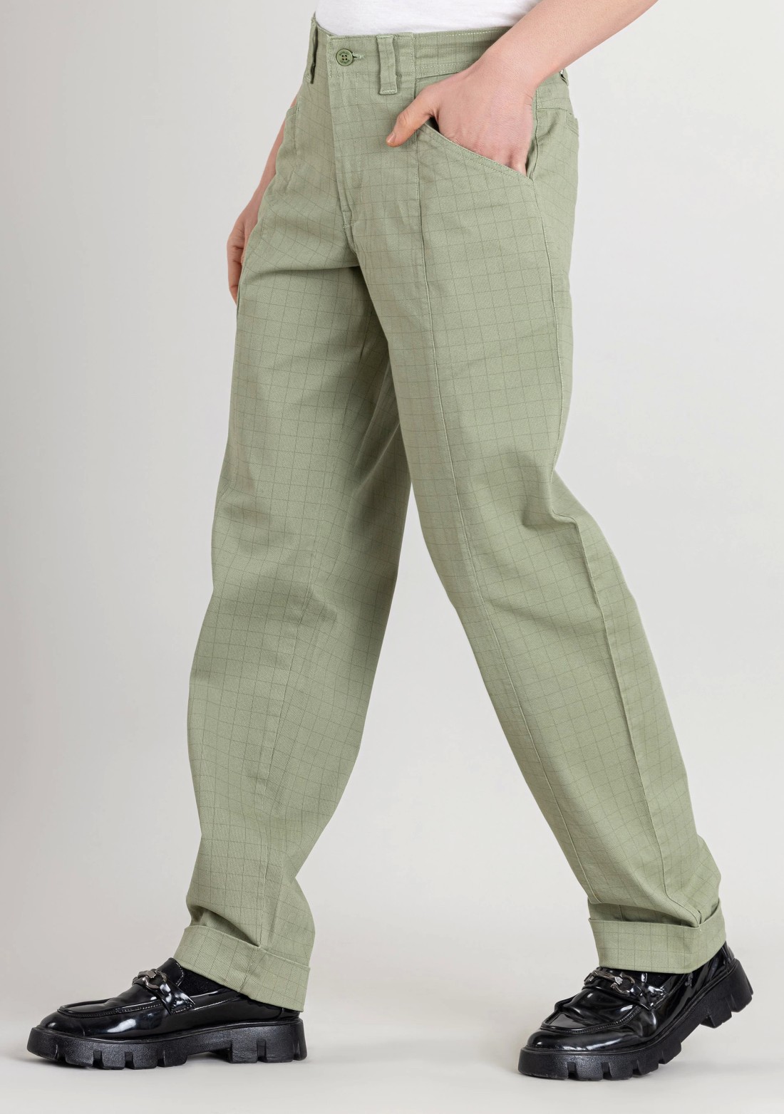 Olive Straight Fit Men’s Casual Cotton Check Trousers