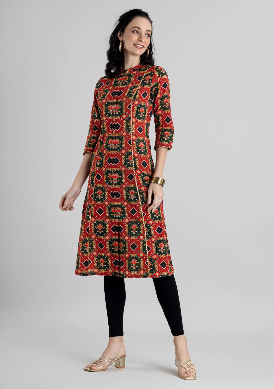 Multi-Colour Patola Print Cotton A-line Kurta