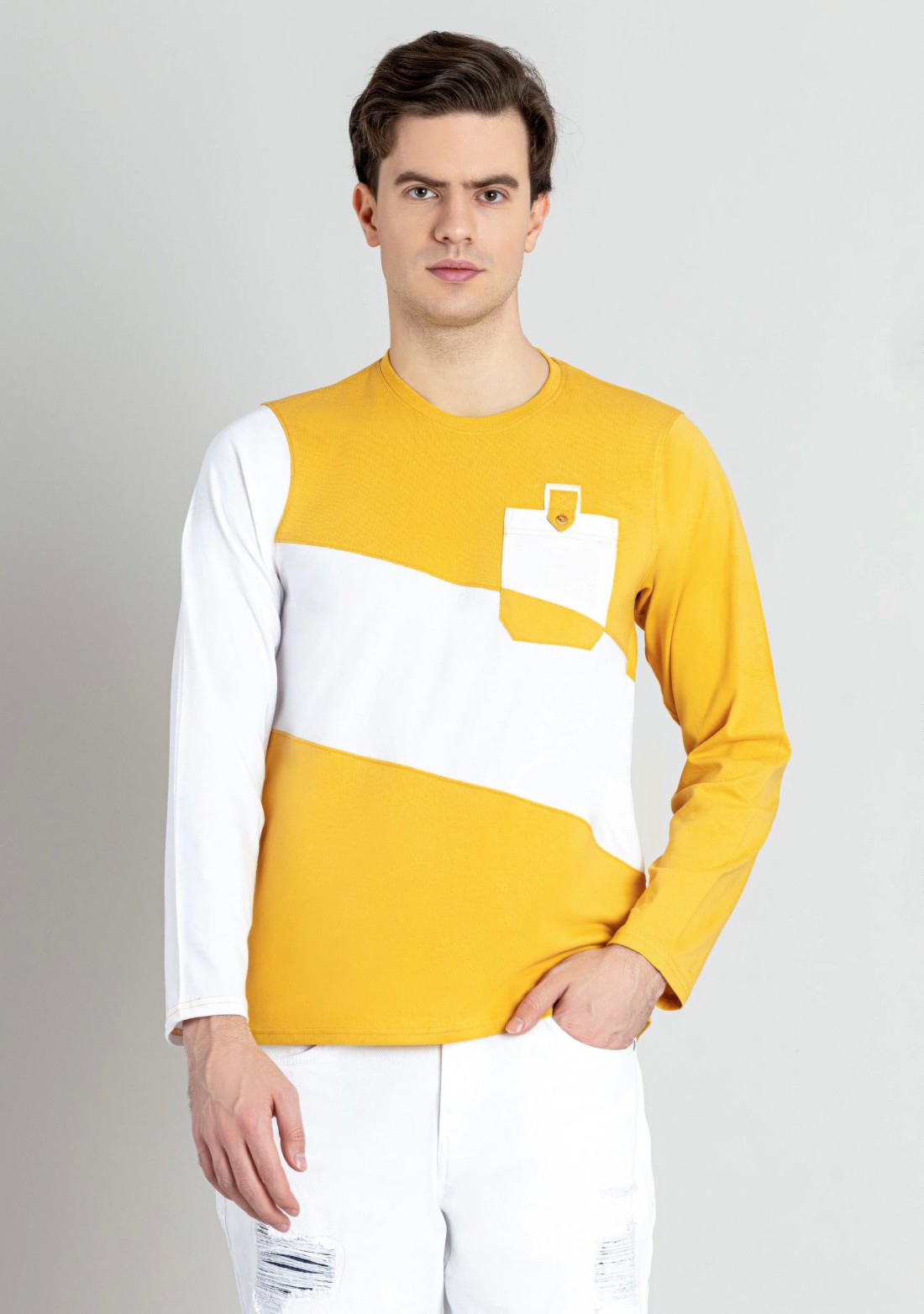 Corn Yellow and White Regular Fit Men's Full Sleeves T-Shirt