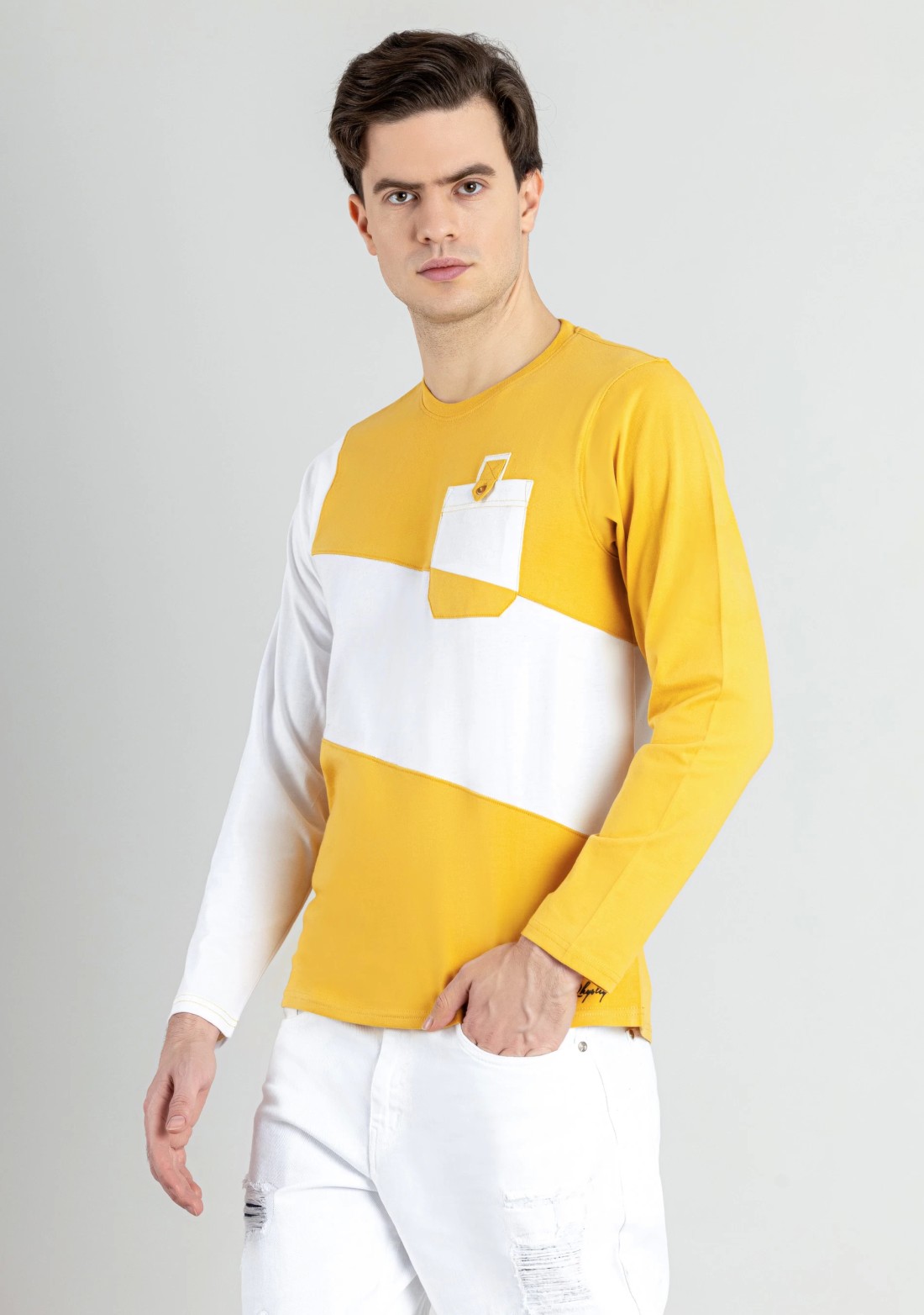 Corn Yellow and White Regular Fit Men's Full Sleeves T-Shirt