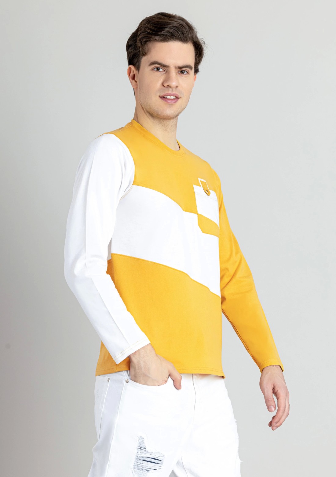 Corn Yellow and White Regular Fit Men's Full Sleeves T-Shirt