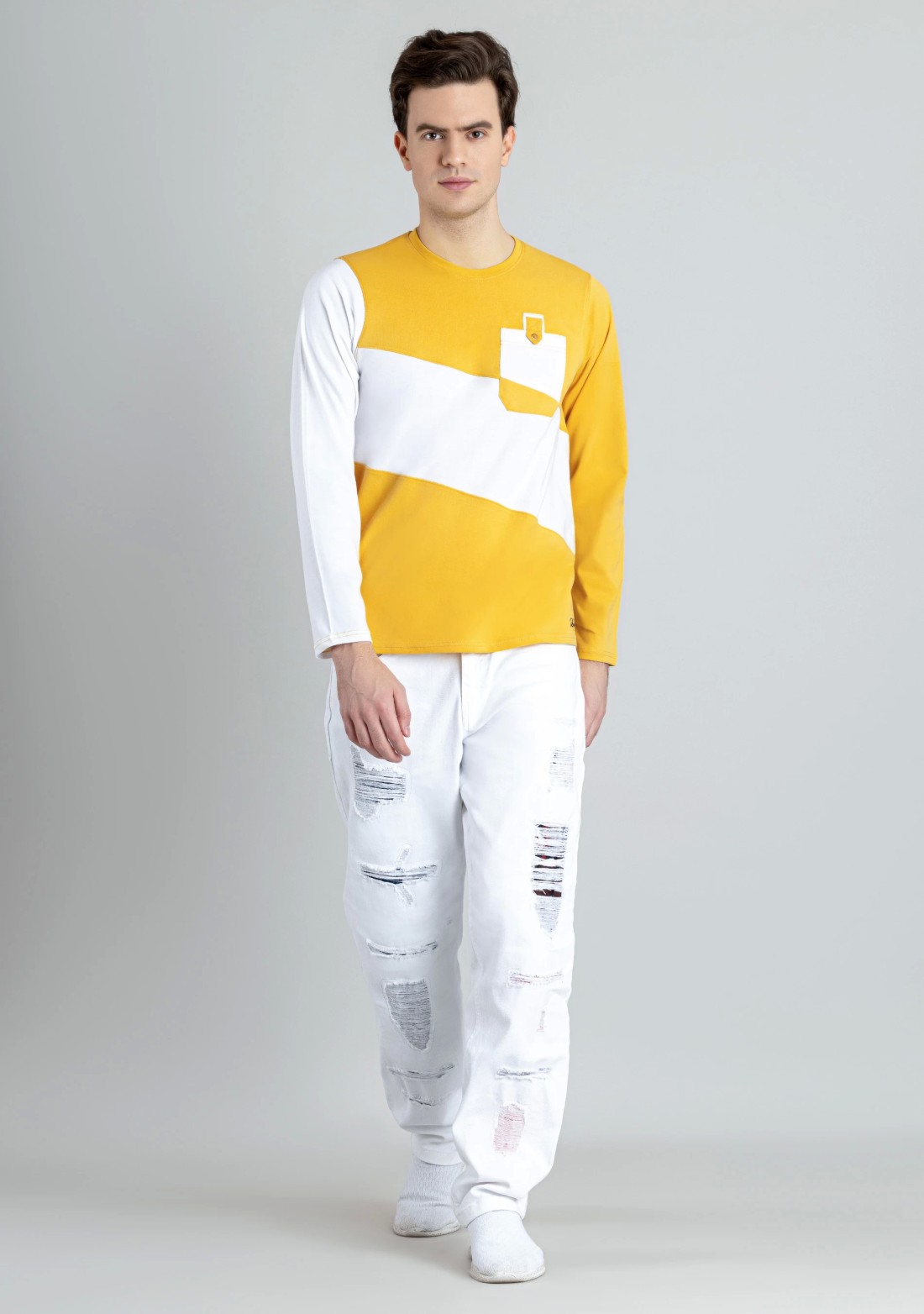 Corn Yellow and White Regular Fit Men's Full Sleeves T-Shirt