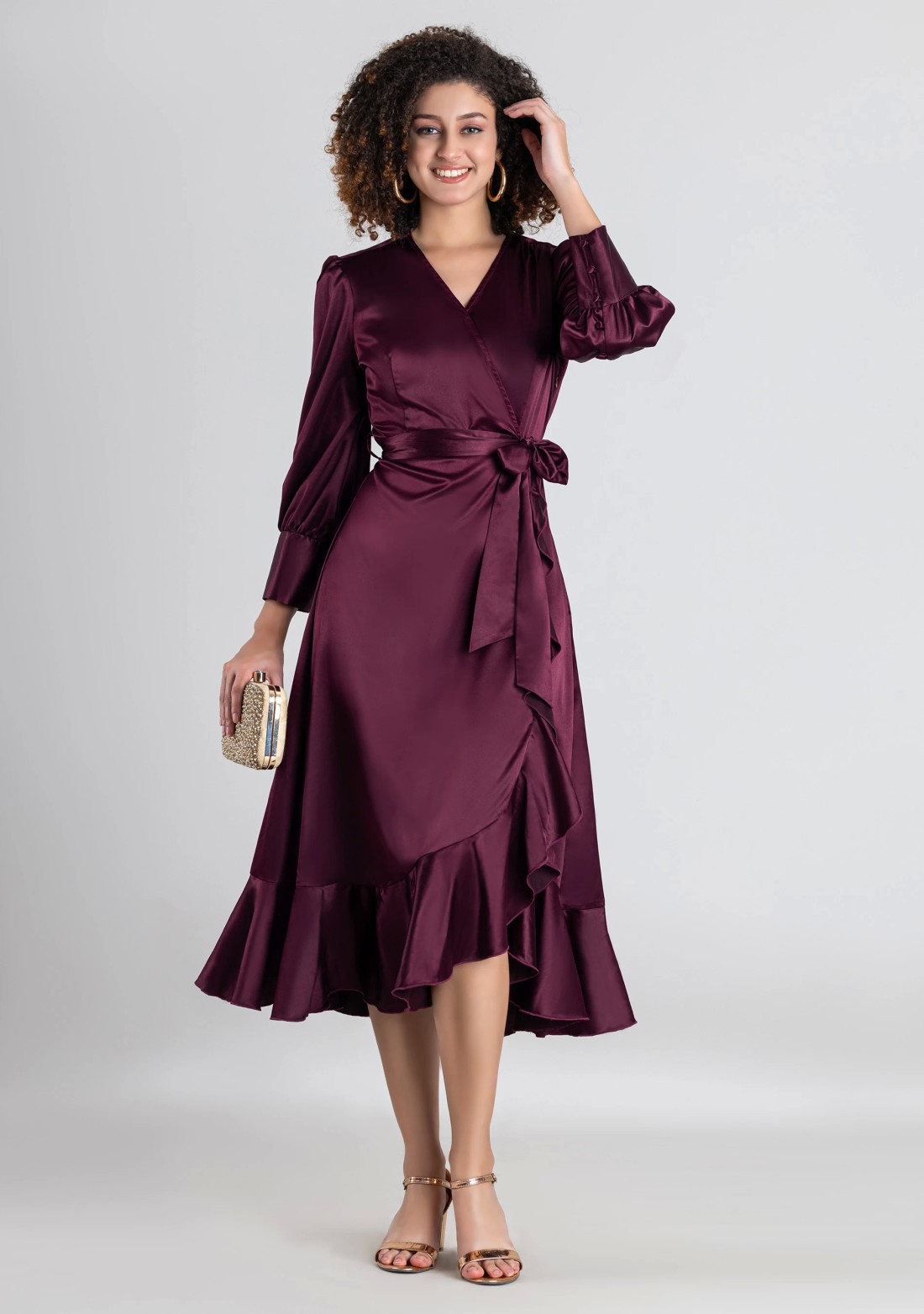 Wine Satin Wrap Flared Midi Dress