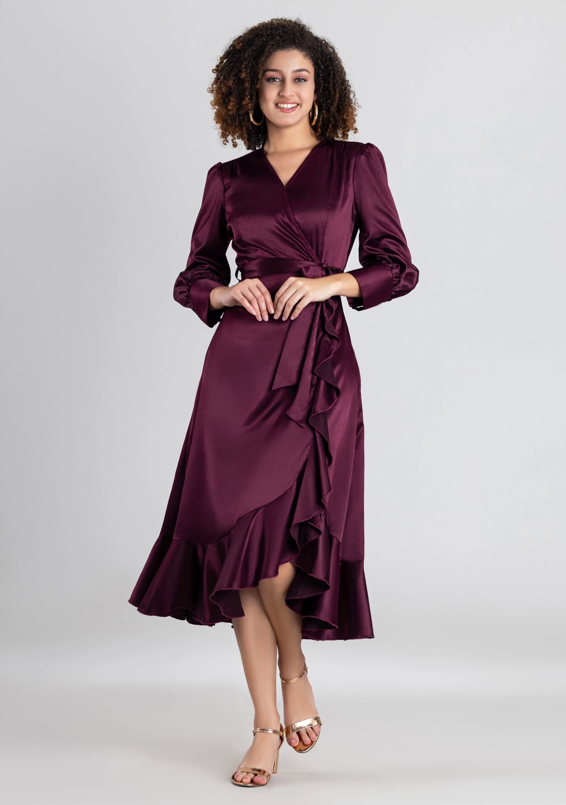 Wine Satin Wrap Flared Midi Dress