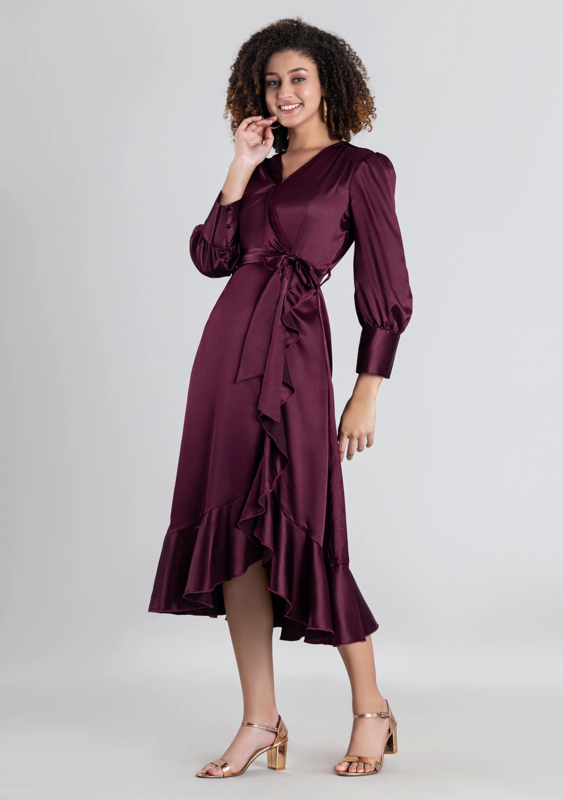 Wine Satin Wrap Flared Midi Dress