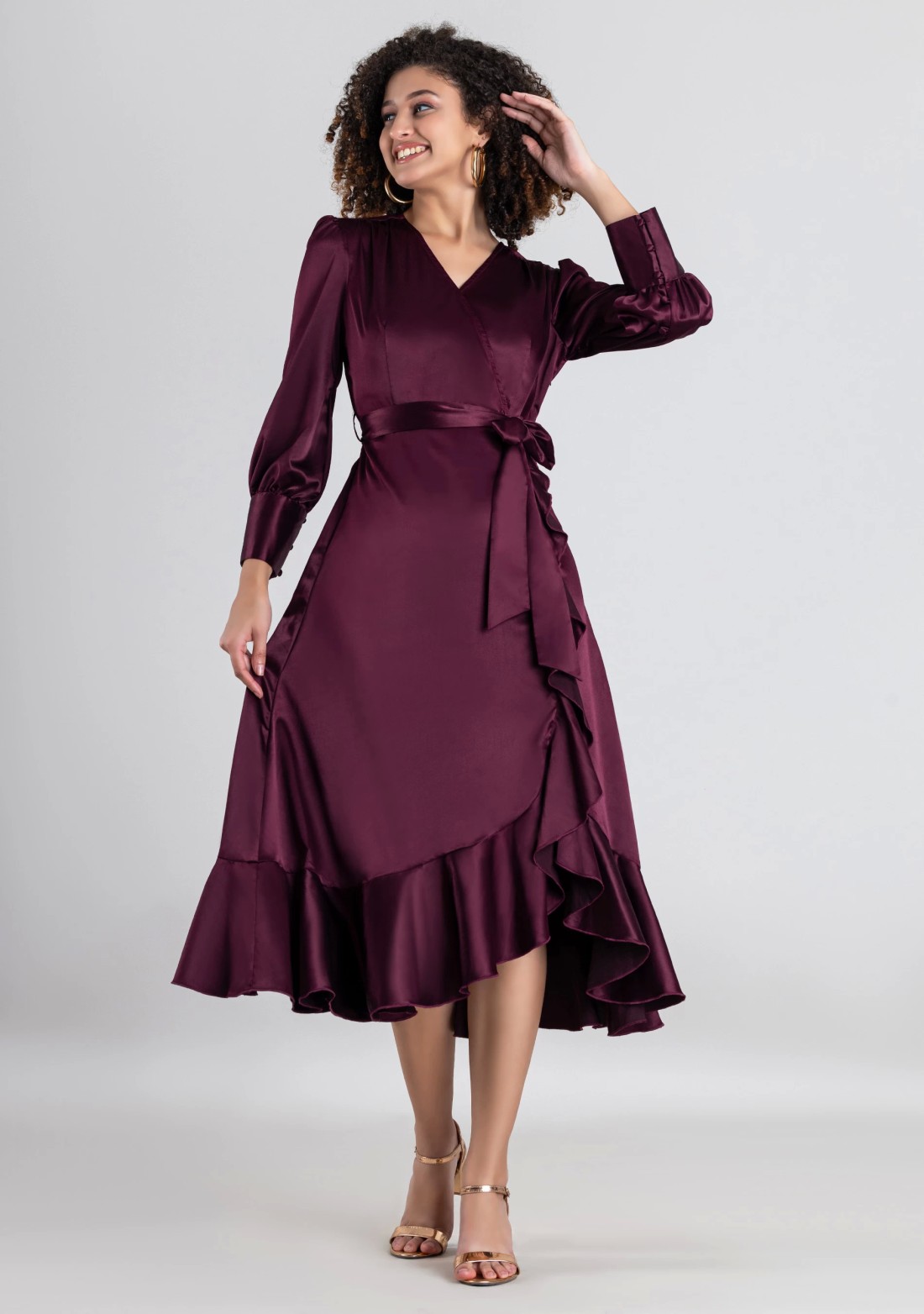 Wine Satin Wrap Flared Midi Dress