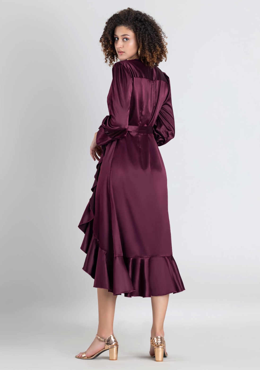 Wine Satin Wrap Flared Midi Dress