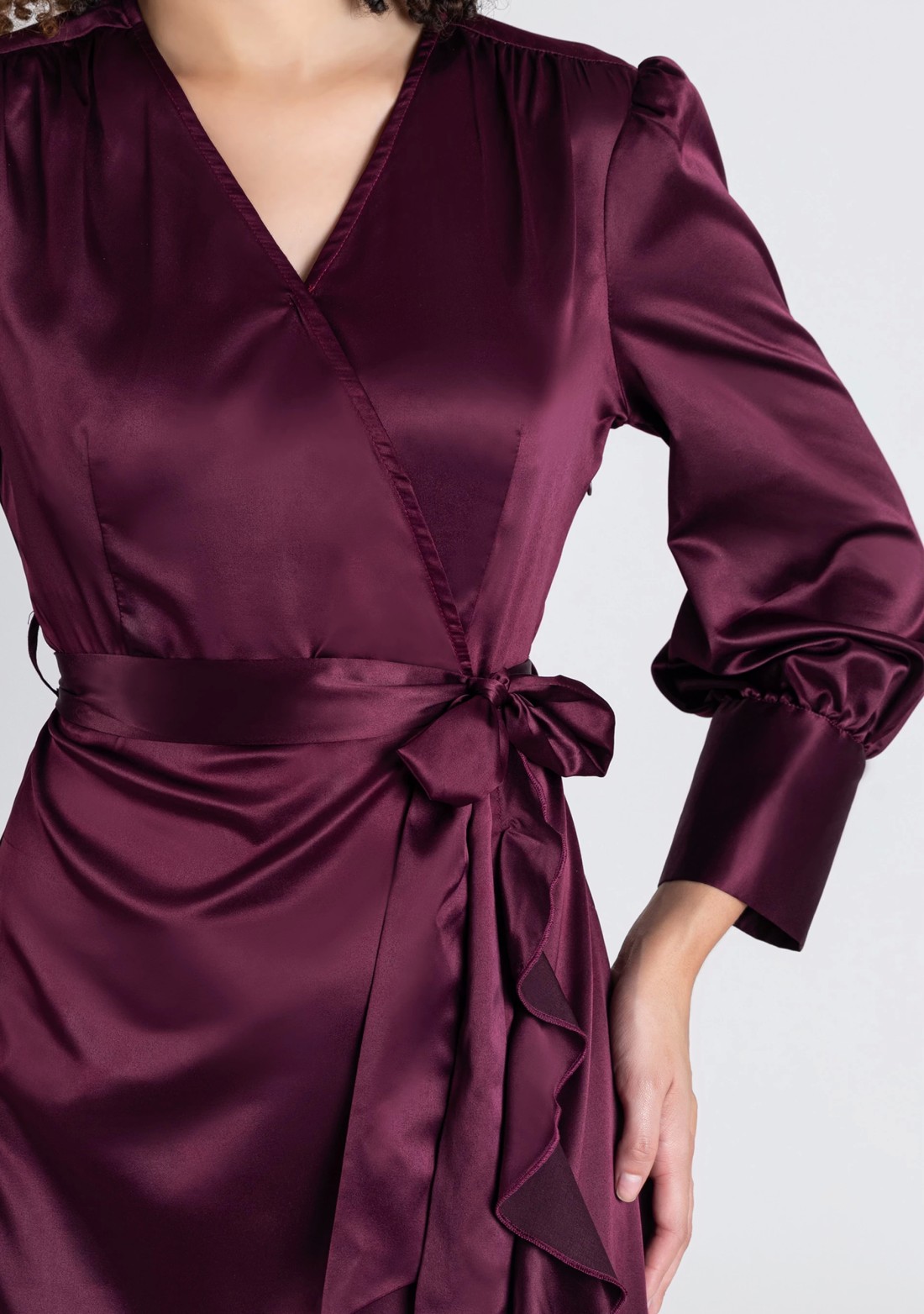 Wine Satin Wrap Flared Midi Dress