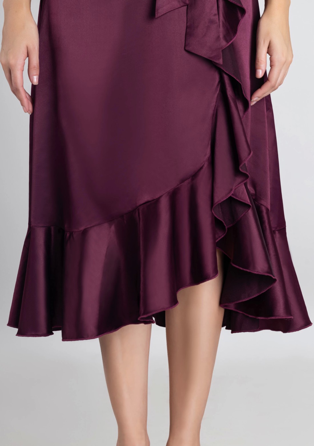 Wine Satin Wrap Flared Midi Dress