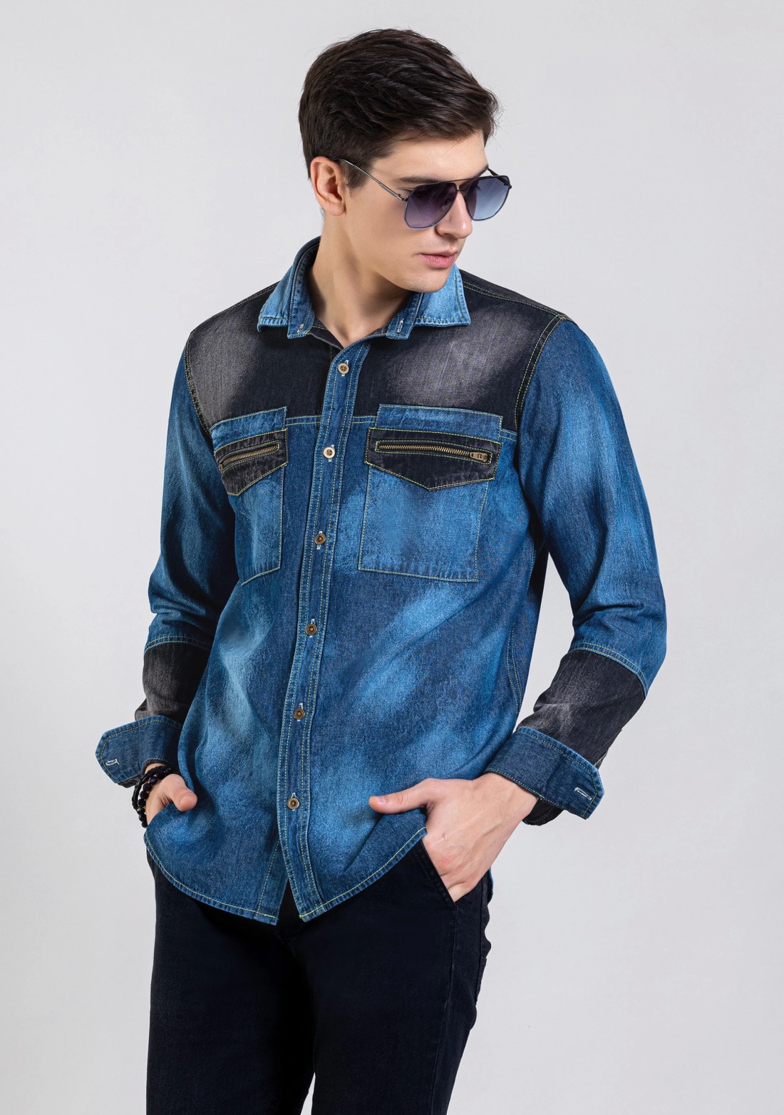 Blue and Black Regular Fit Men's Denim Shirt