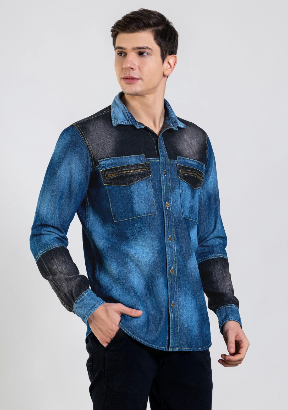 Blue and Black Regular Fit Men's Denim Shirt