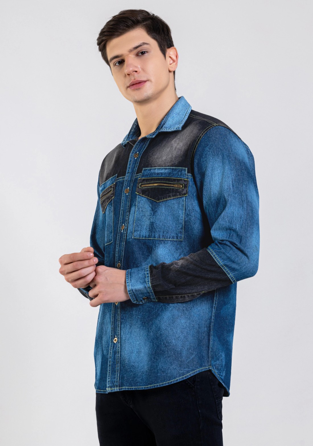 Blue and Black Regular Fit Men's Denim Shirt