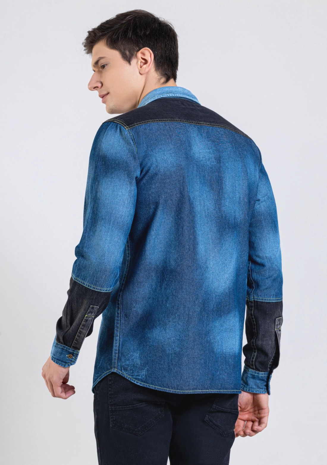 Blue and Black Regular Fit Men's Denim Shirt