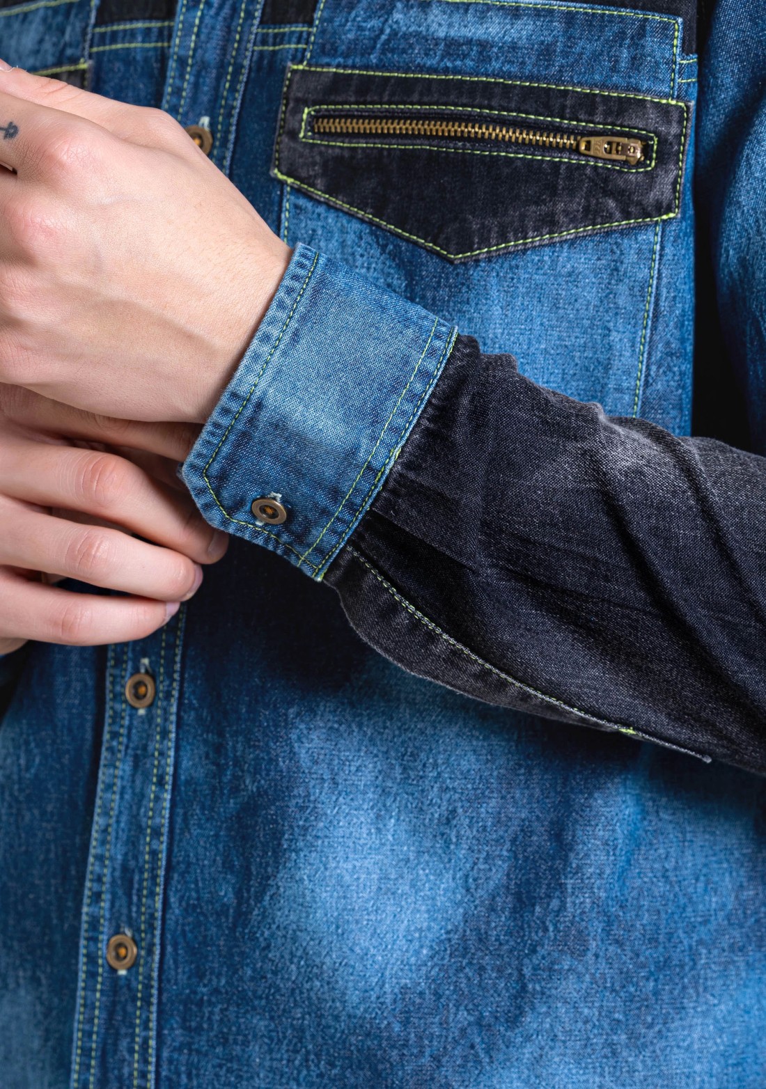 Blue and Black Regular Fit Men's Denim Shirt