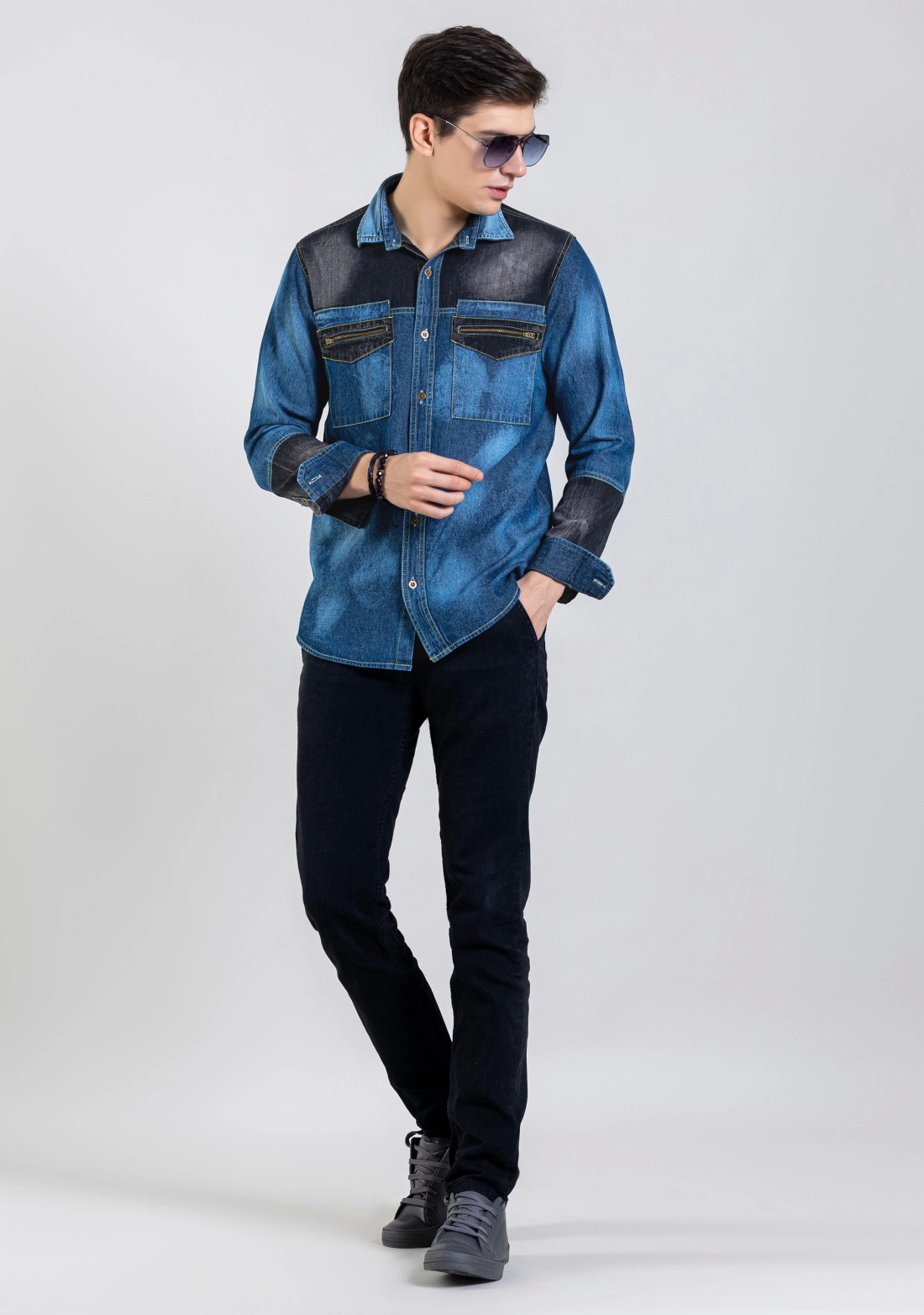 Blue and Black Regular Fit Men's Denim Shirt