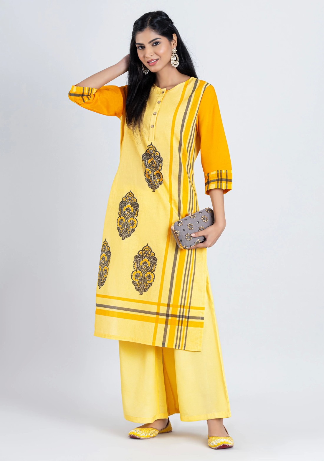 Yellow Mix Print Cotton Straight Kurta