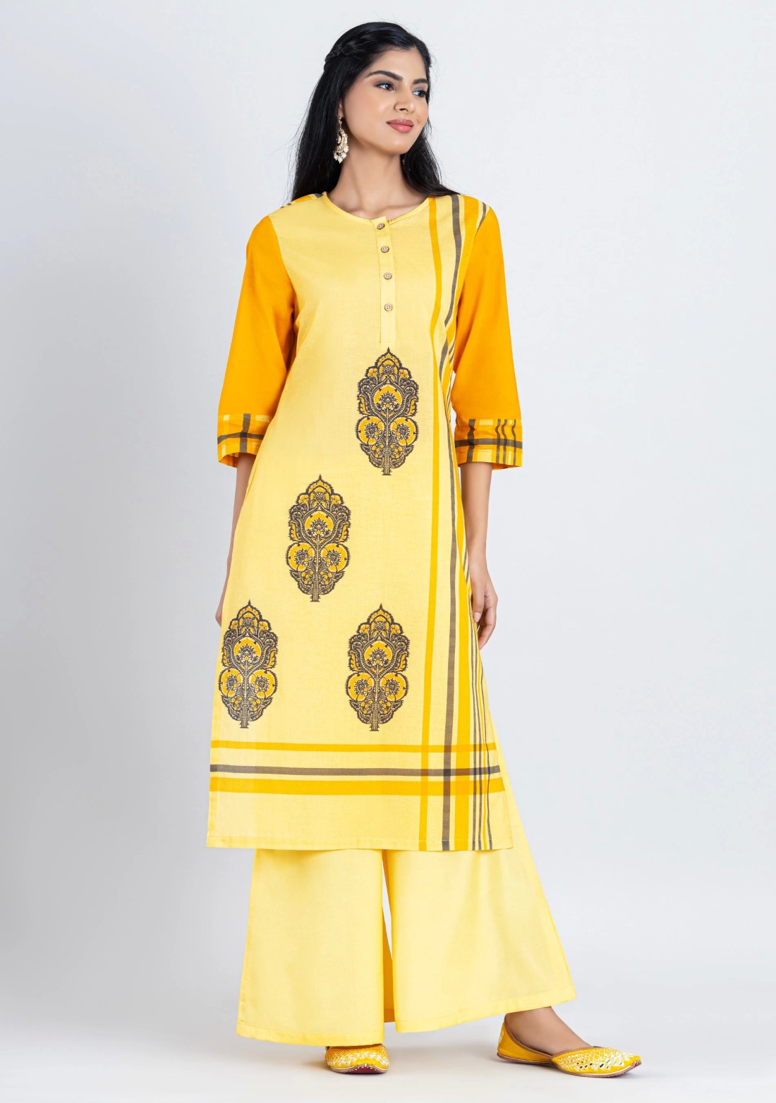 Yellow Mix Print Cotton Straight Kurta