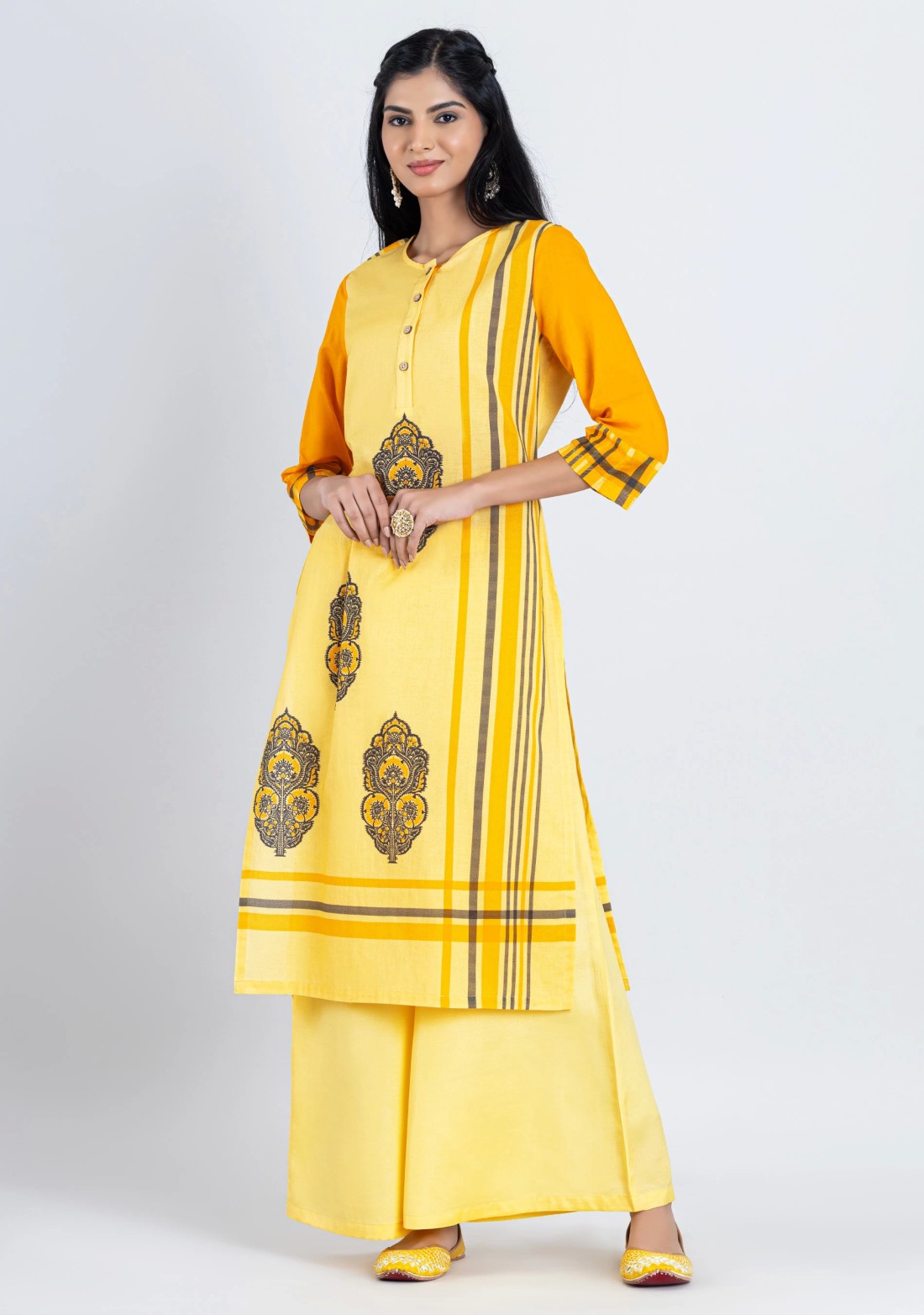 Yellow Mix Print Cotton Straight Kurta