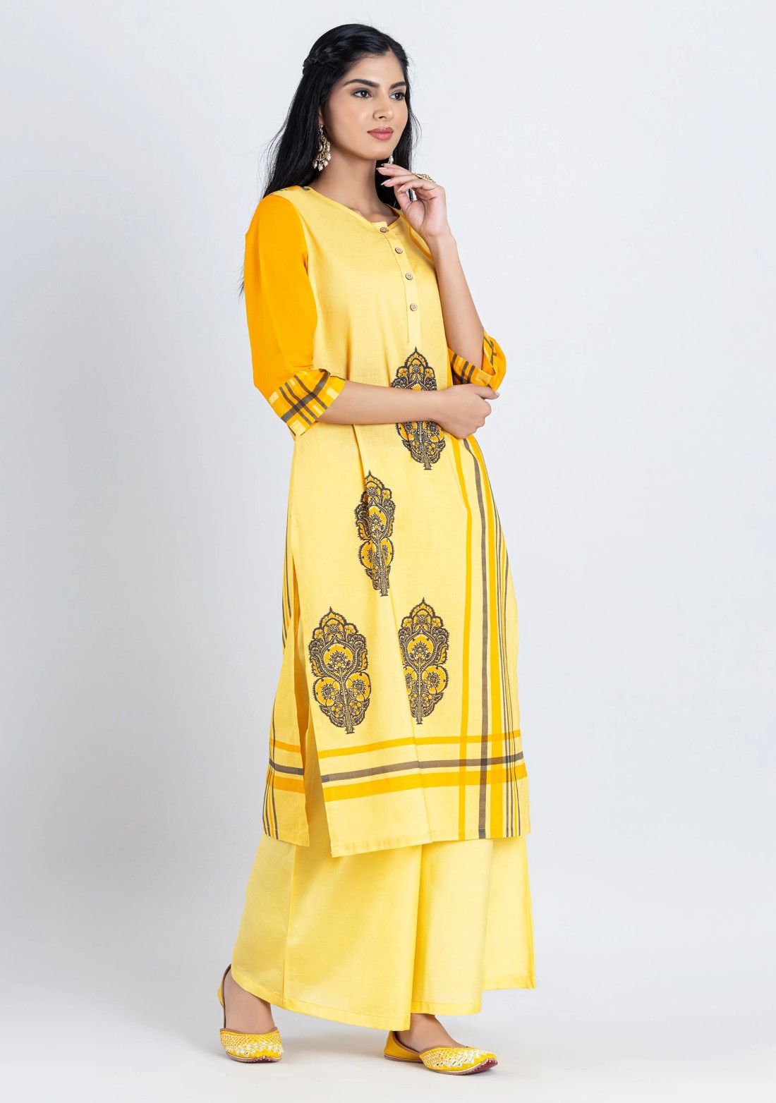 Yellow Mix Print Cotton Straight Kurta