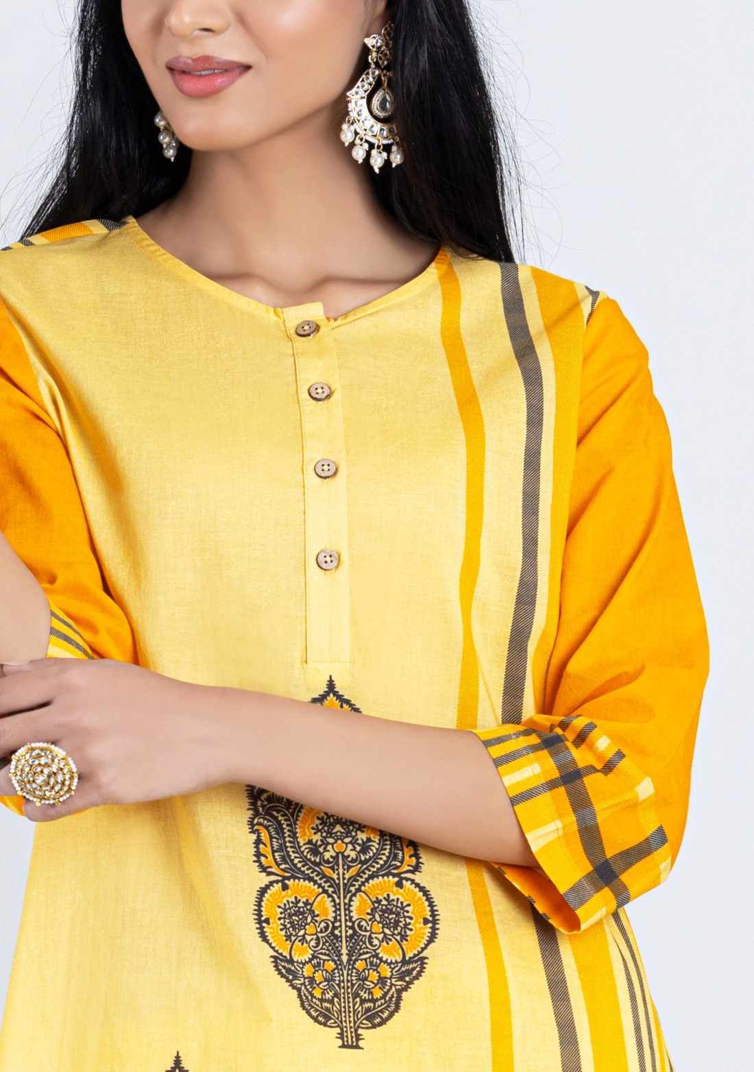 Yellow Mix Print Cotton Straight Kurta