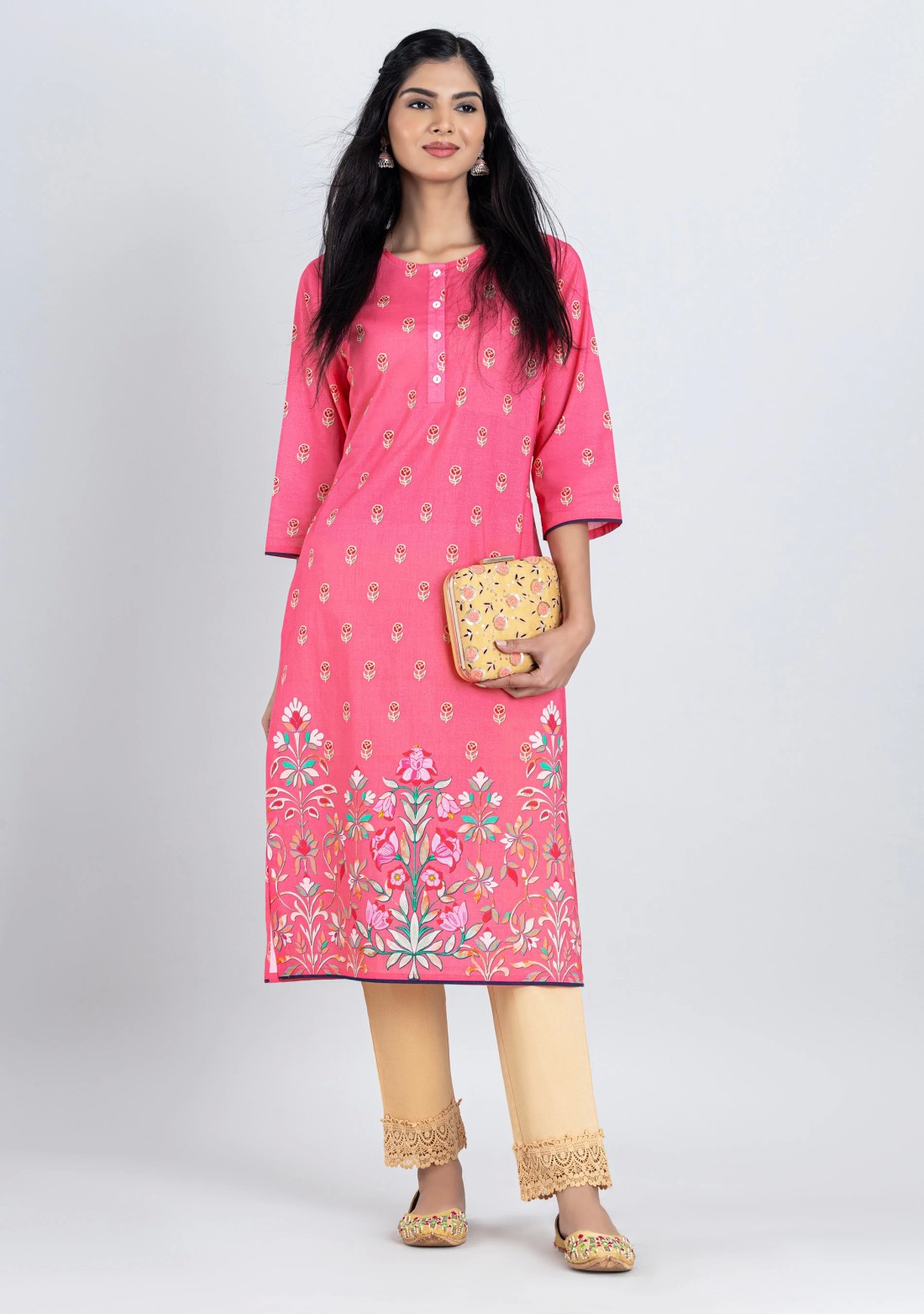 Pink Floral Print Cotton Straight Kurta