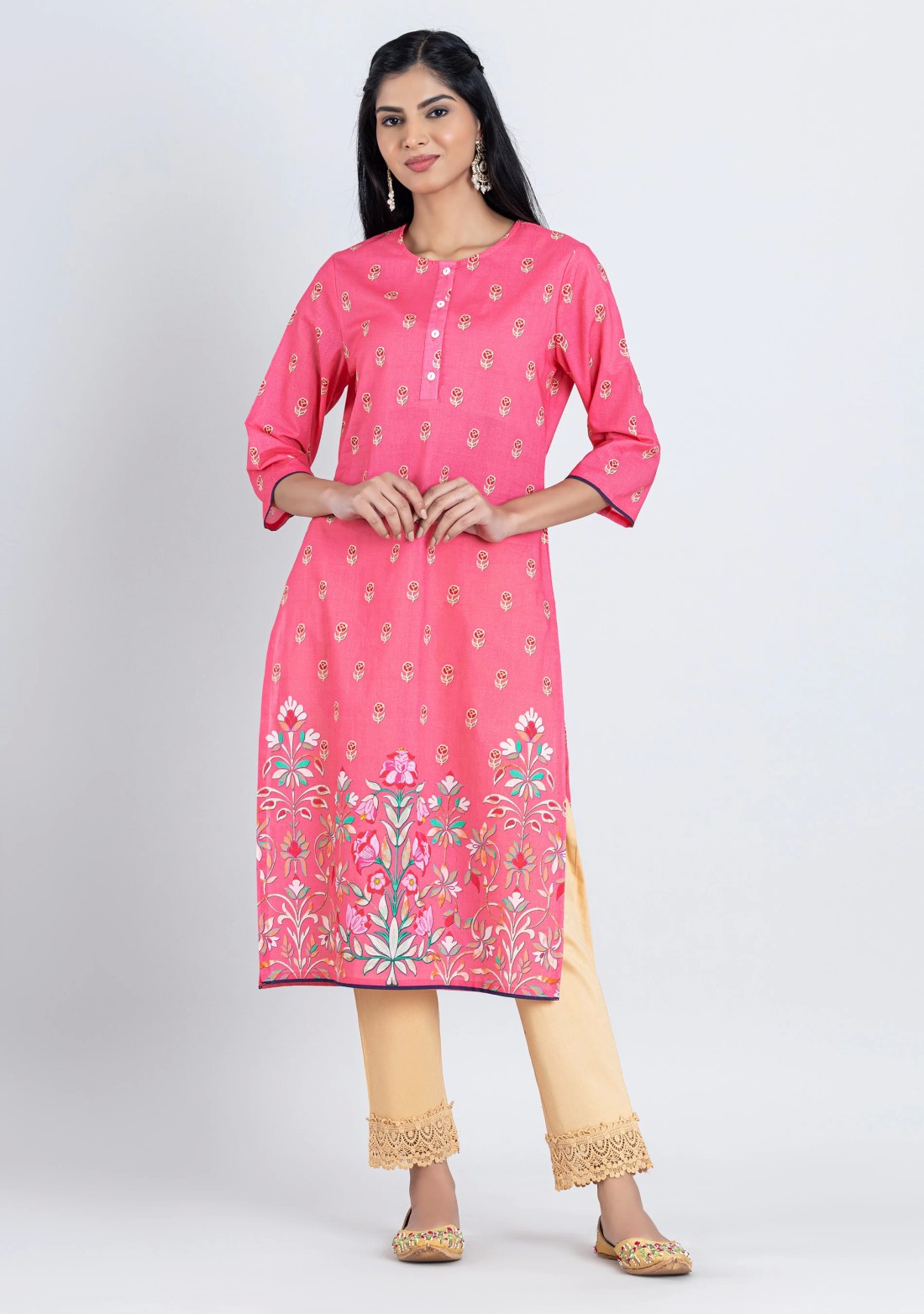 Pink Floral Print Cotton Straight Kurta