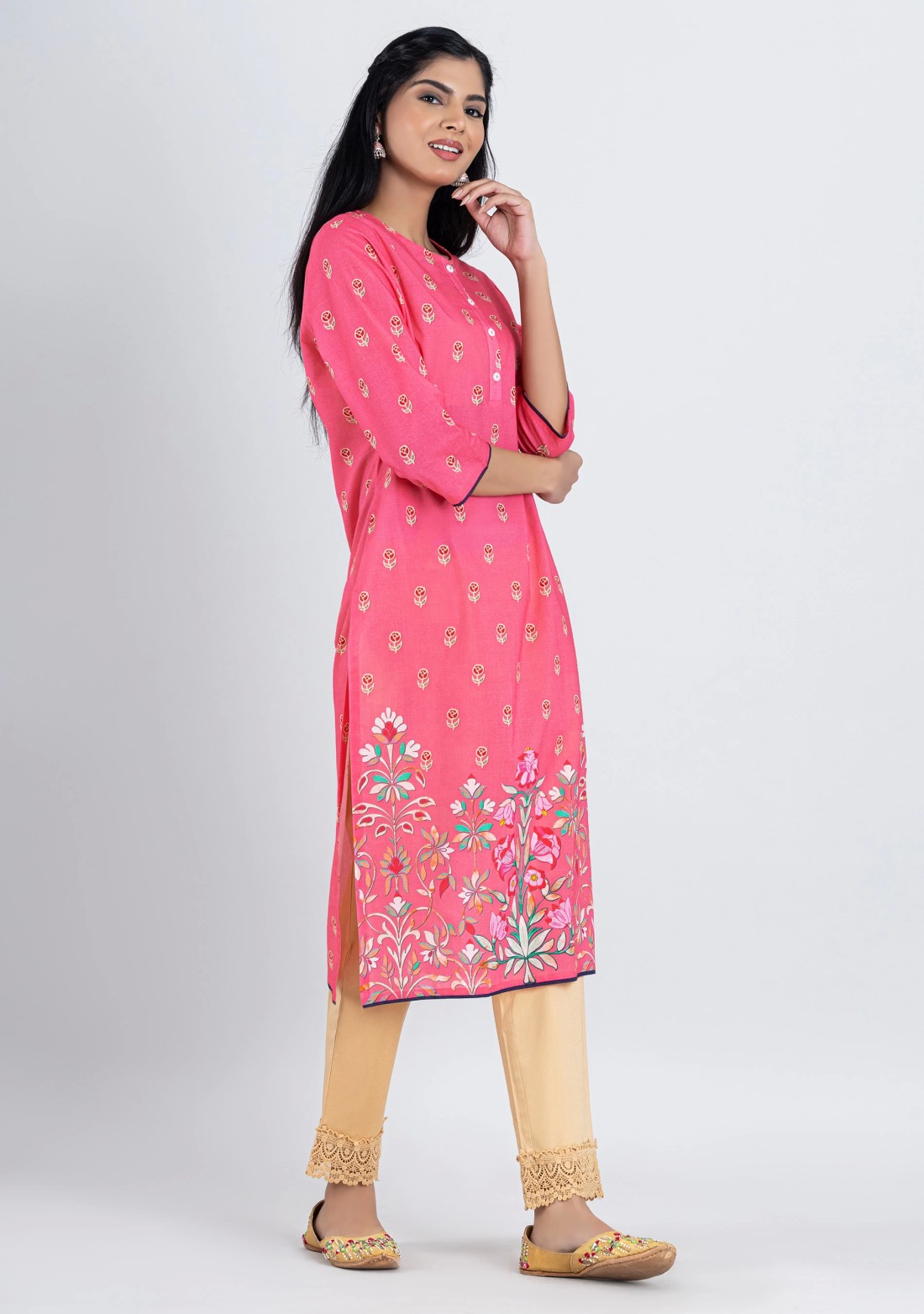 Pink Floral Print Cotton Straight Kurta