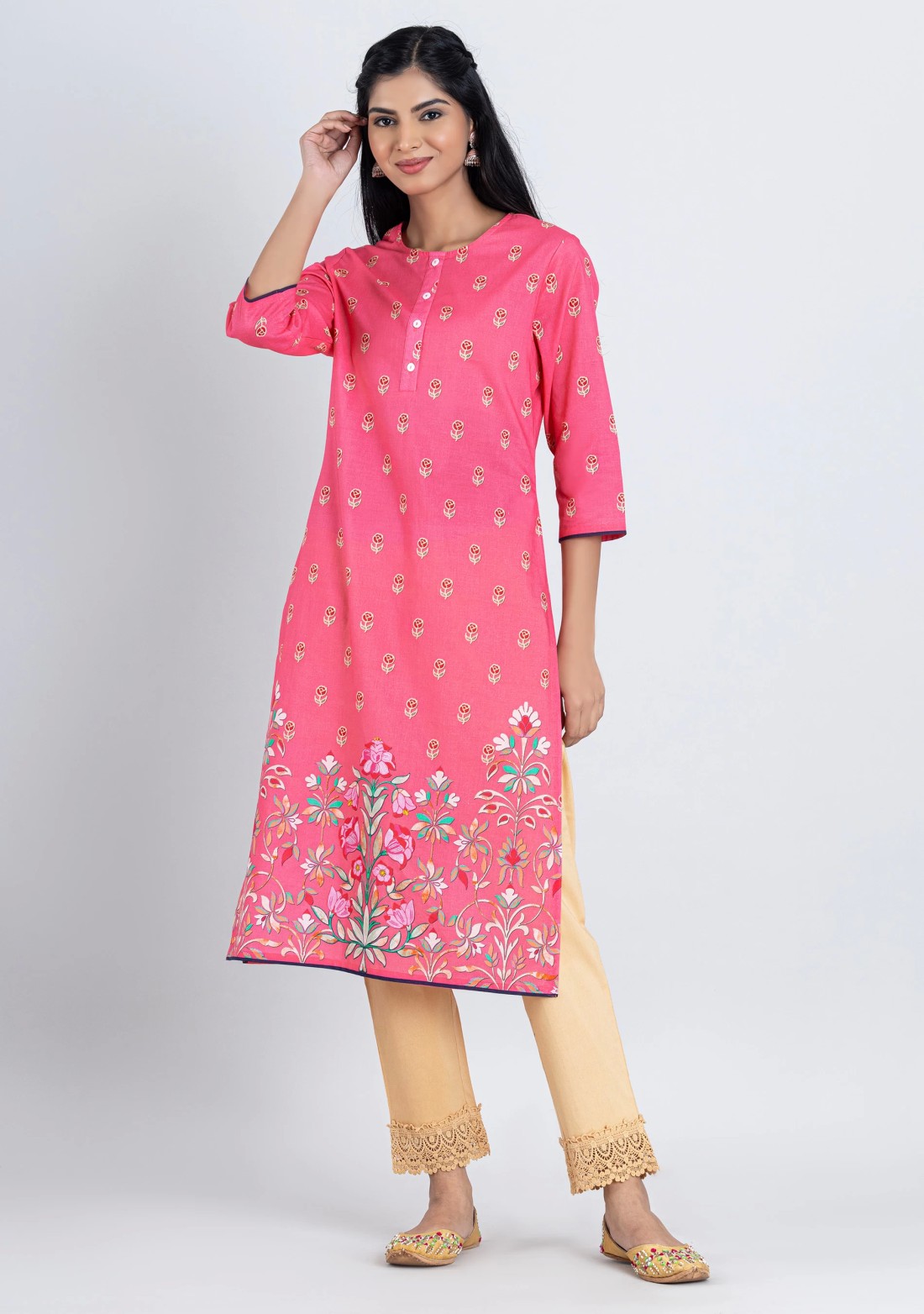 Pink Floral Print Cotton Straight Kurta