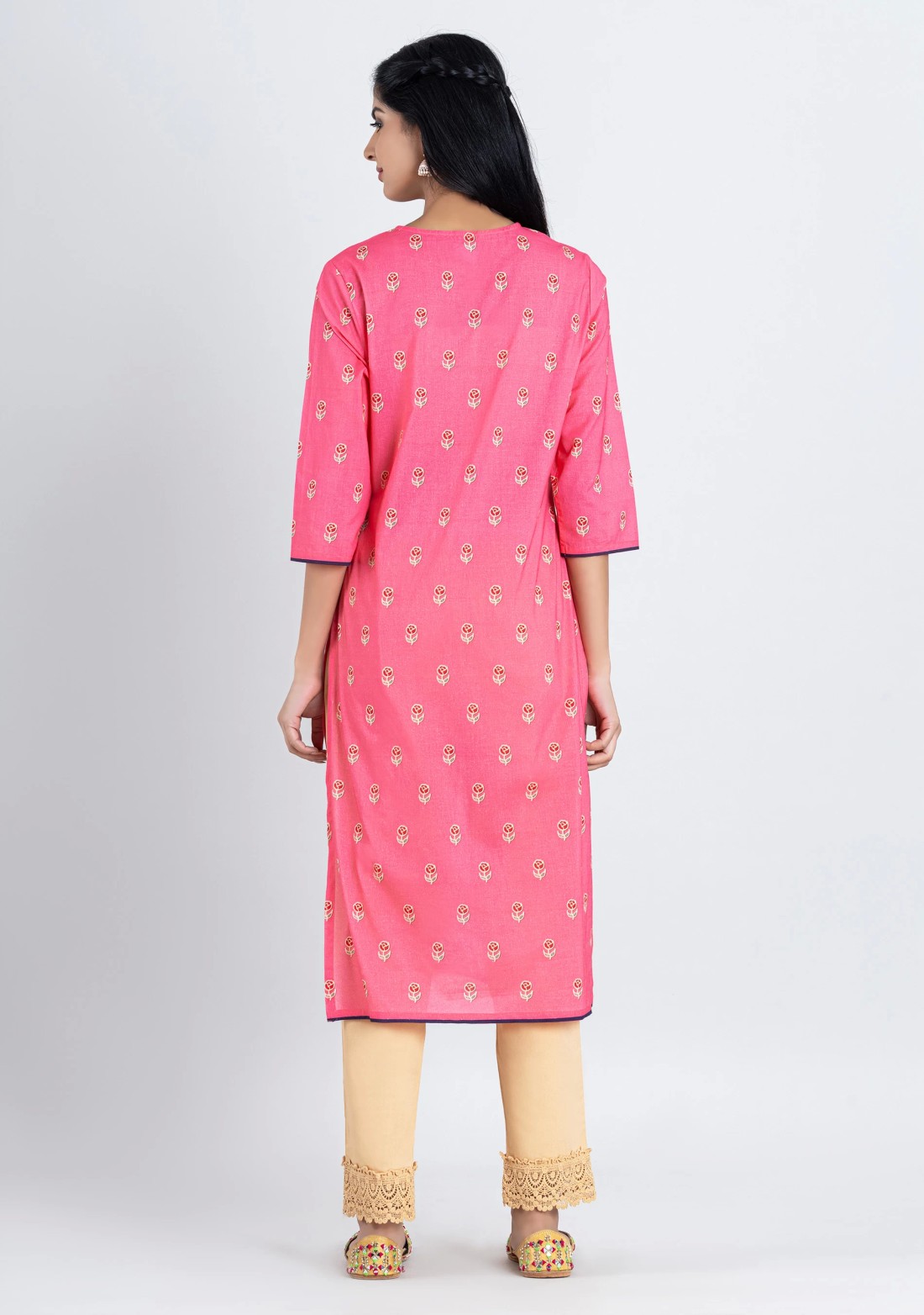 Pink Floral Print Cotton Straight Kurta