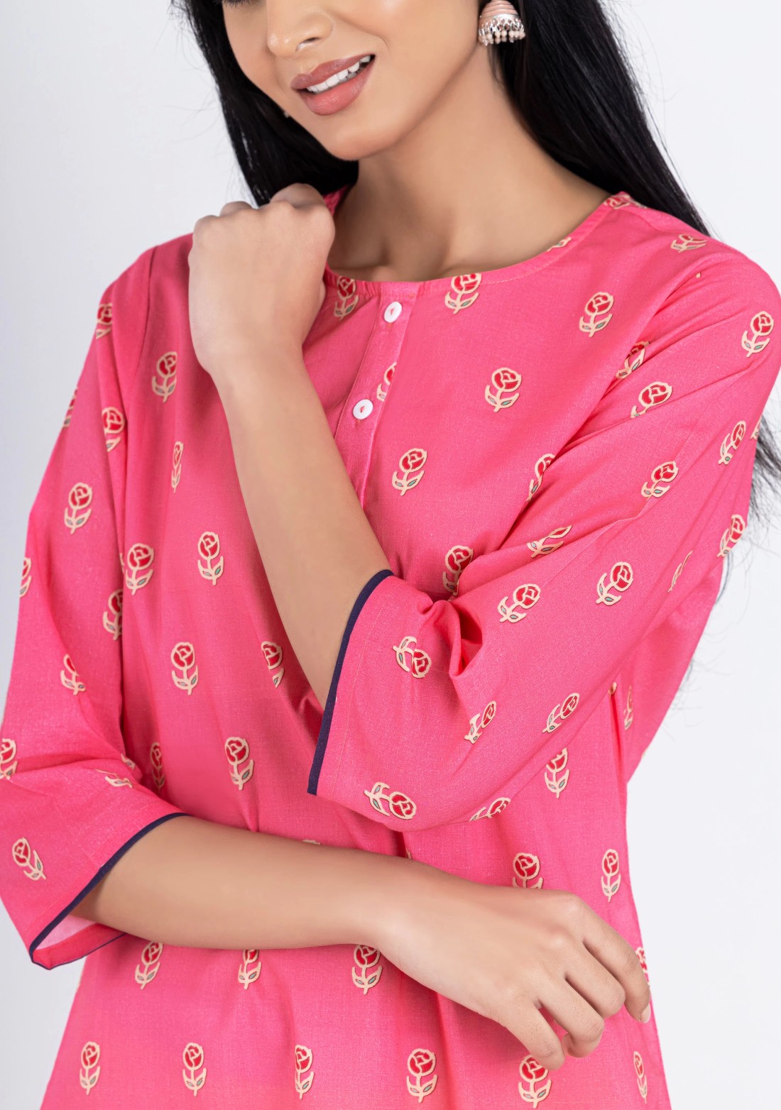 Pink Floral Print Cotton Straight Kurta