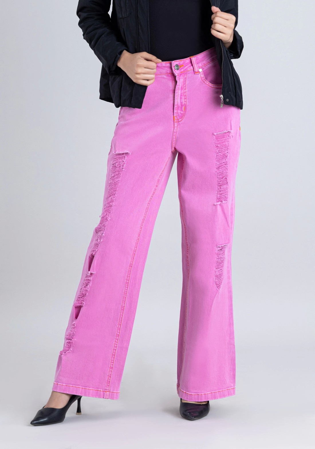 Pink Wide Leg Women's Distressed Jeans