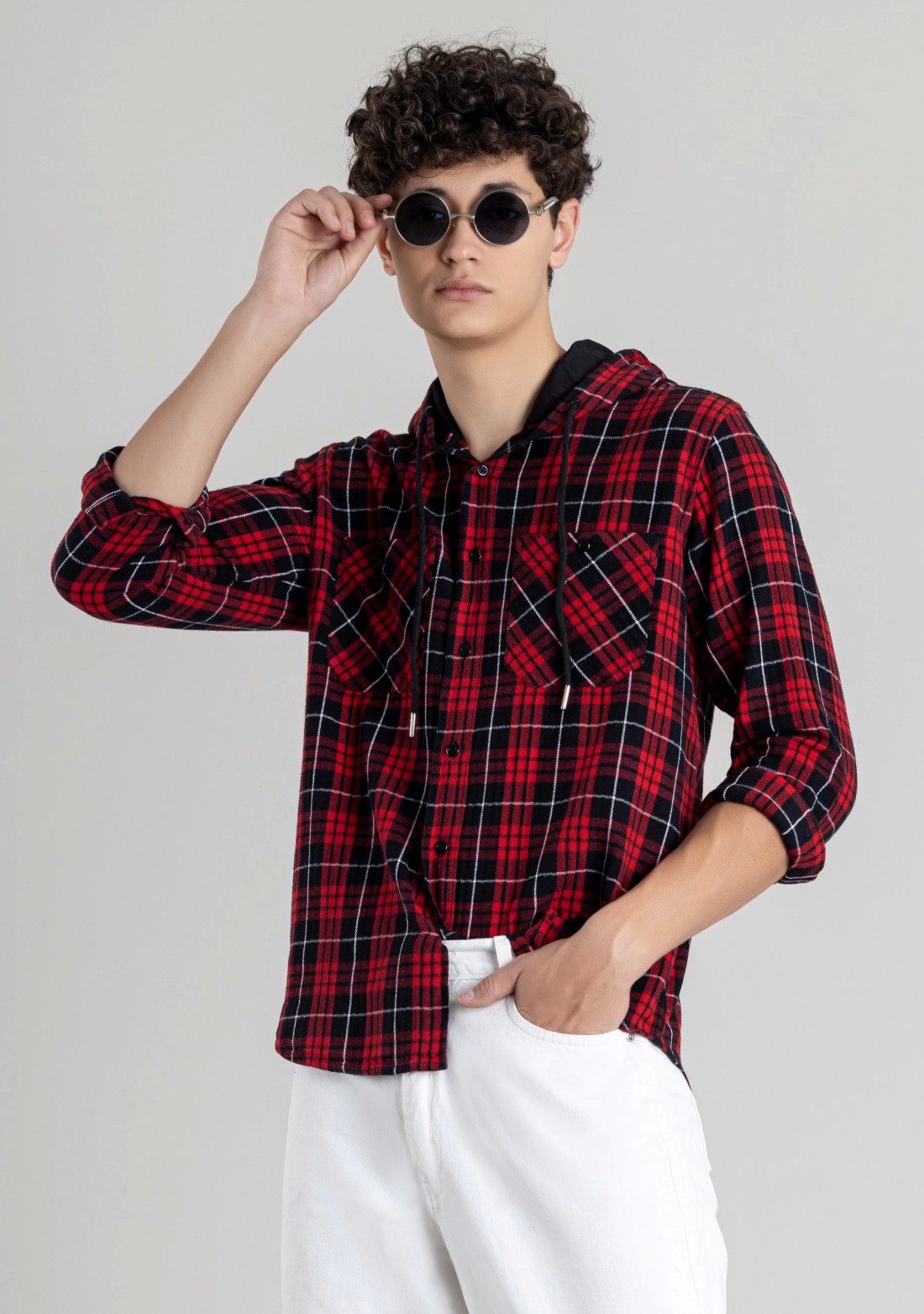 Red and Black Regular Fit Men's Hoodie Cotton Check Shirt