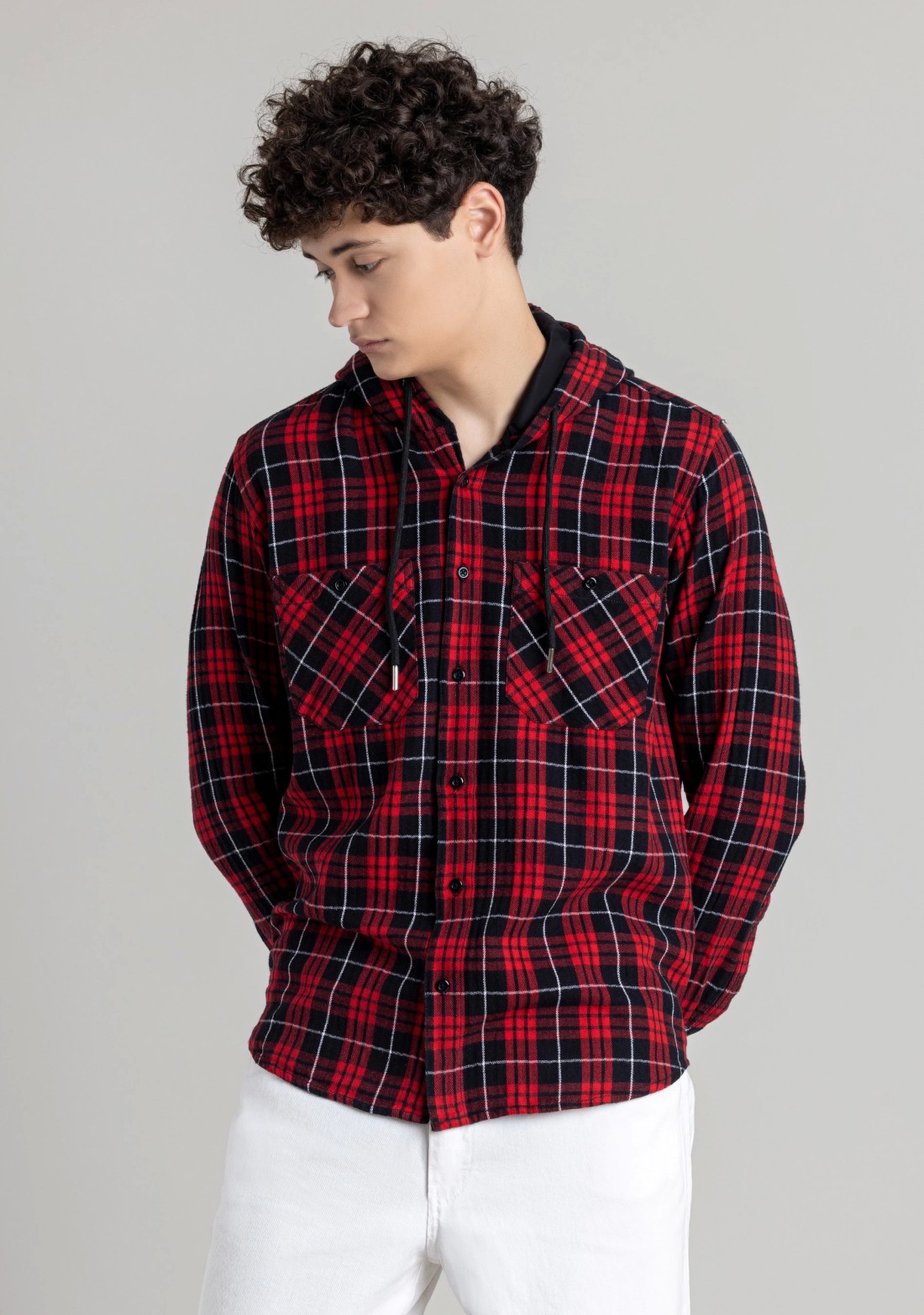 Red and Black Regular Fit Men's Hoodie Cotton Check Shirt