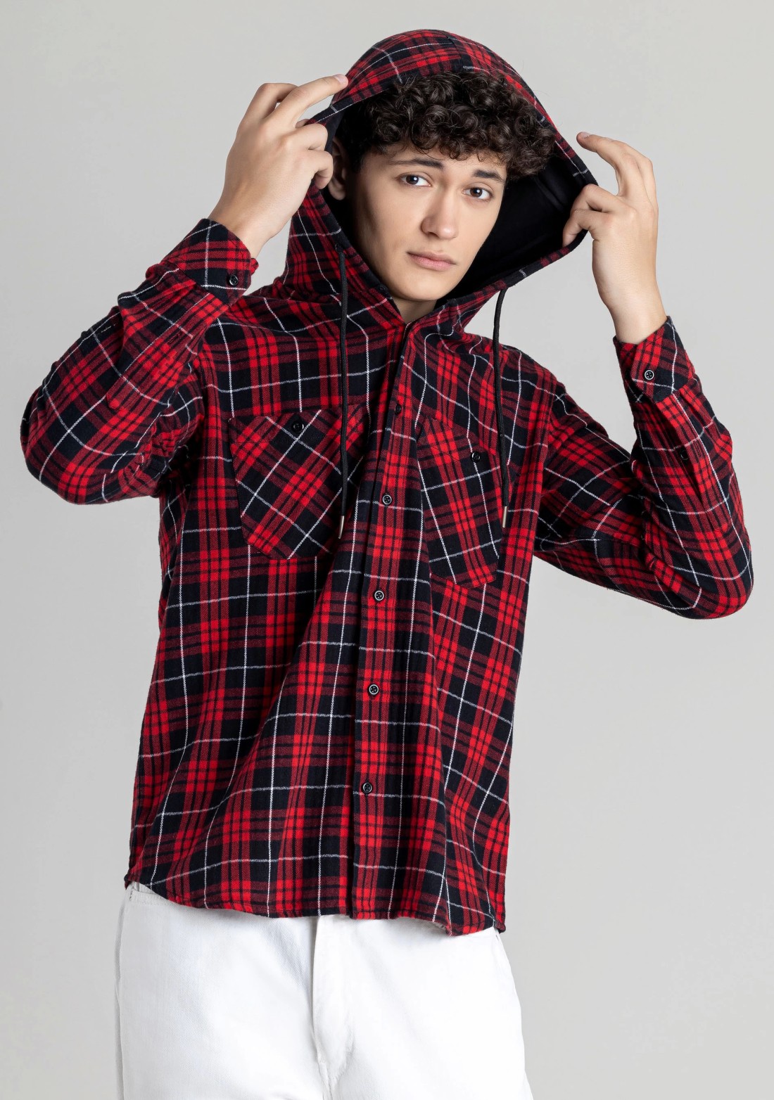 Red and Black Regular Fit Men's Hoodie Cotton Check Shirt