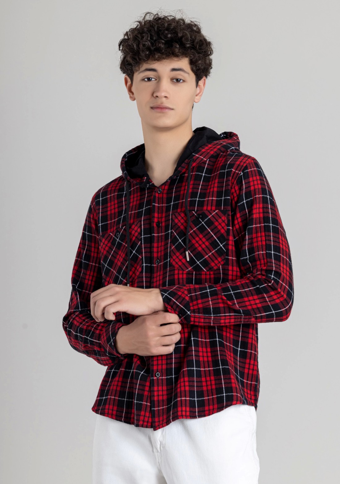 Red and Black Regular Fit Men's Hoodie Cotton Check Shirt