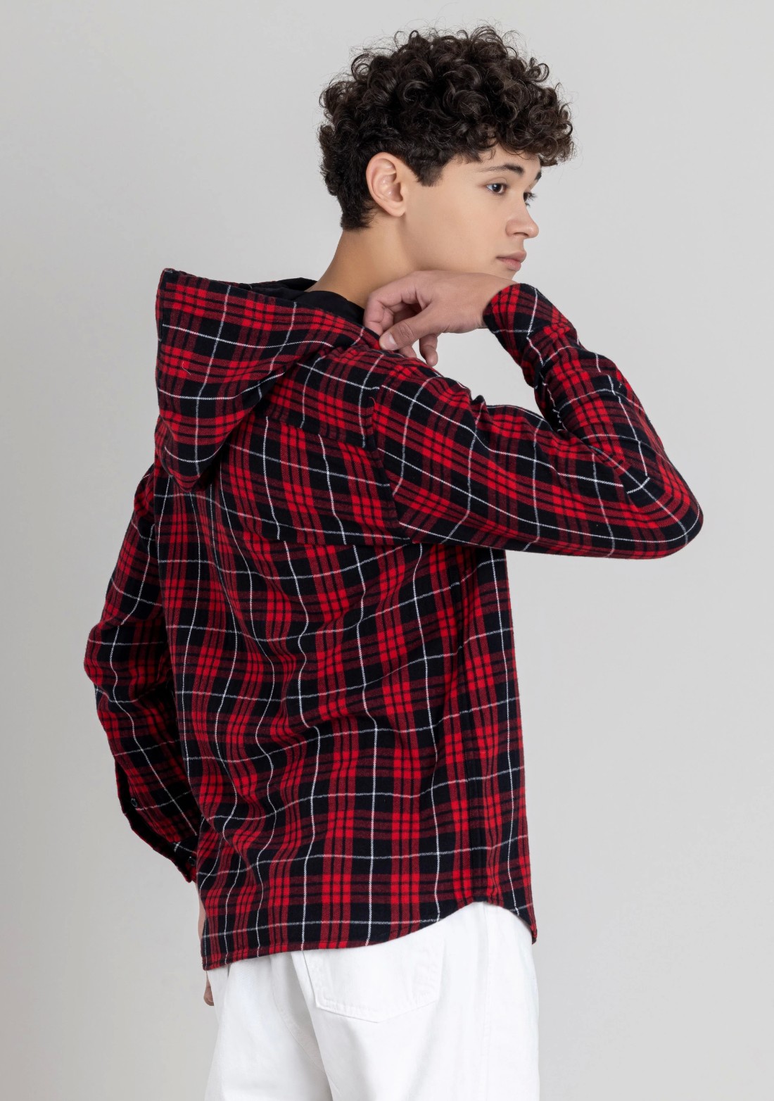 Red and Black Regular Fit Men's Hoodie Cotton Check Shirt