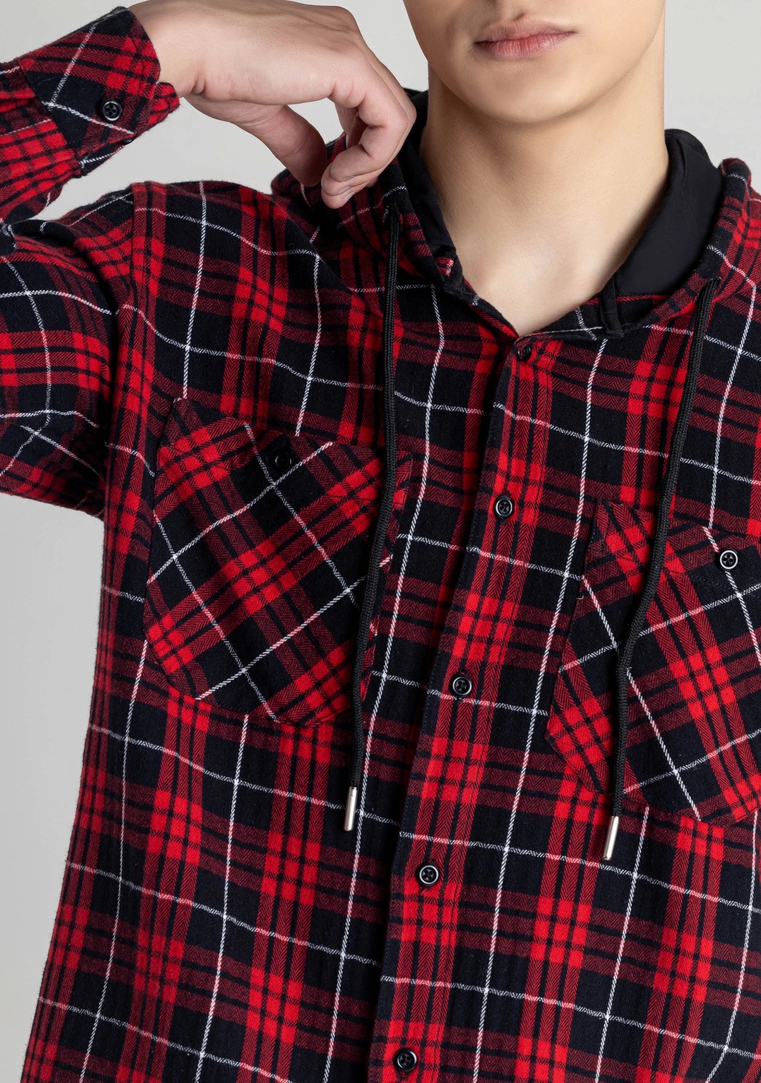 Red and Black Regular Fit Men's Hoodie Cotton Check Shirt