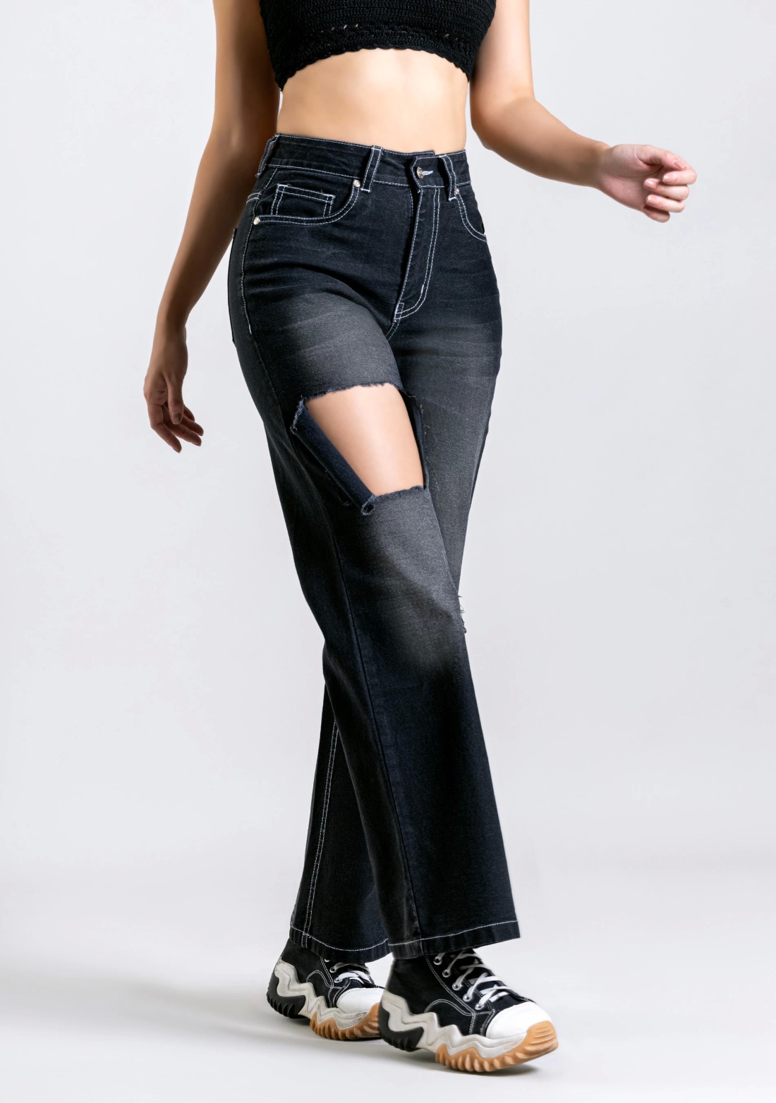 Black Wide Leg High Rise Distressed Women's Jeans