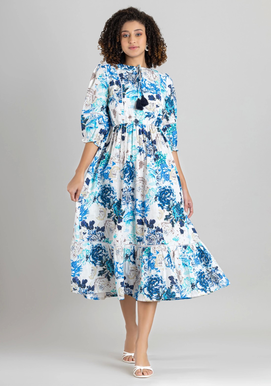 White Floral Print Cotton Midi Dress